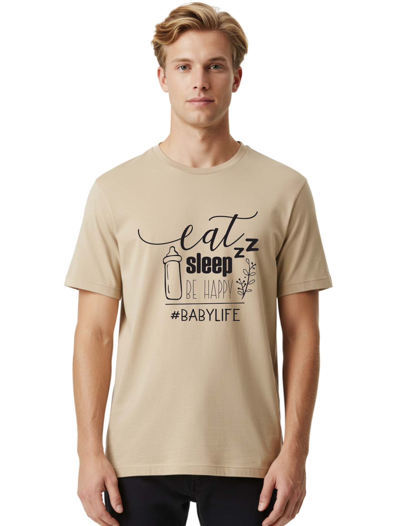 Eat-Sleep-Be-Happy Men'S Graphic Tee, 100% Cotton, Comfortable Casual Summer Wear, Machine Washable, Baby Bottle, Eat Sleep Be Happy, Baby Life, Newborn Care, Parenting Tips, Baby Essentials, Hashtag Babylife, Simple Design, Minimalist Style Aac681 8