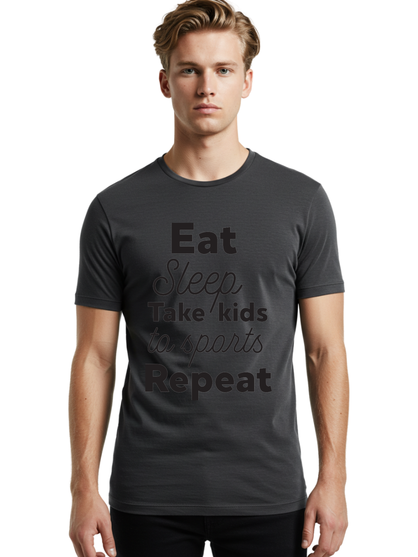 Eat-Sleep-Take-Kids-To-Sports-Repeat Men'S Graphic Tee, 100% Cotton, Comfortable Casual Summer Wear, Machine Washable, Busy Parents, Parenting Life, Family Activities, Kids Sports, Daily Routine, Parenting Humor, Eat Sleep Repeat Aac682