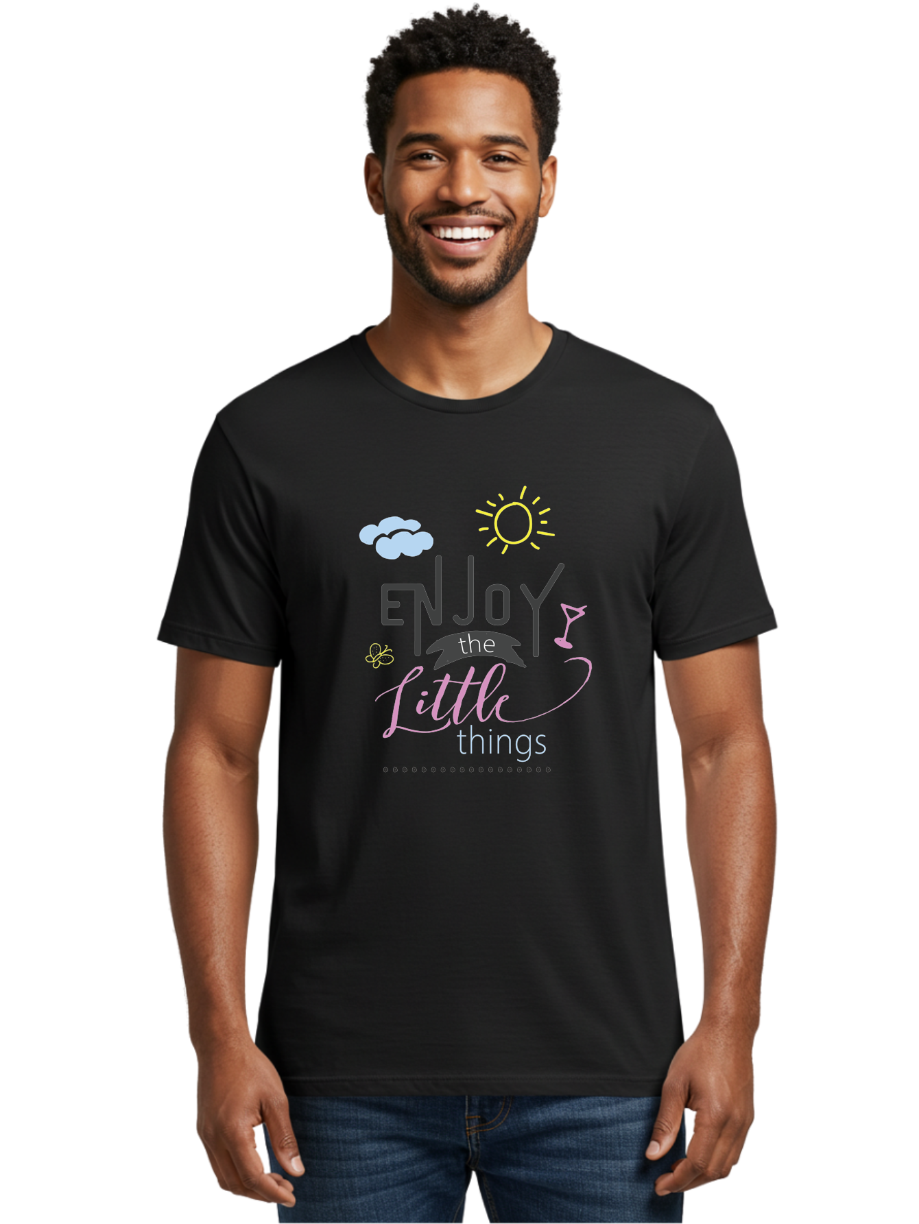 Enjoy-The-Little-Things Men'S Graphic Tee, 100% Cotton, Comfortable Casual Summer Wear, Machine Washable, Inspirational Quote, Motivational Phrase, Enjoy The Little Things, Positive Vibes, Happy Feelings, Sunshine, Cocktail, Relaxation, Aac687