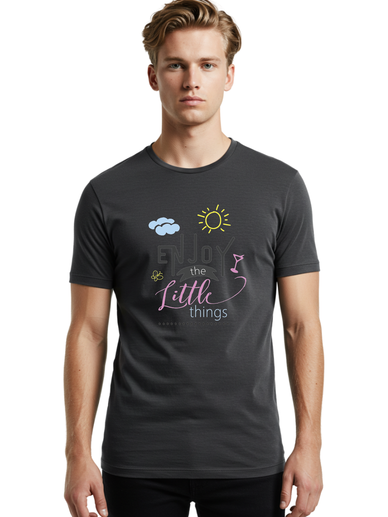 Enjoy-The-Little-Things Men'S Graphic Tee, 100% Cotton, Comfortable Casual Summer Wear, Machine Washable, Inspirational Quote, Motivational Phrase, Enjoy The Little Things, Positive Vibes, Happy Feelings, Sunshine, Cocktail, Relaxation, Aac687 18