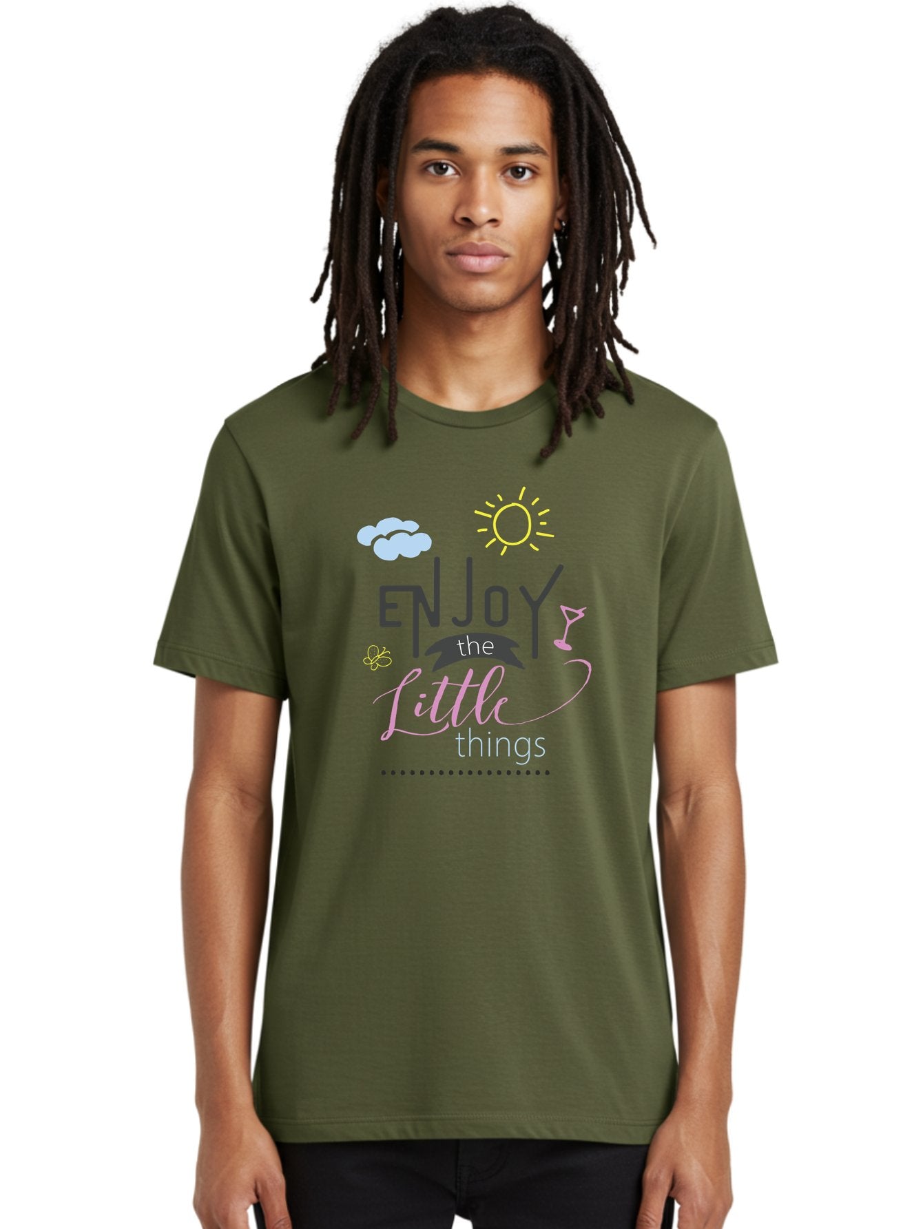 Enjoy-The-Little-Things Men'S Graphic Tee, 100% Cotton, Comfortable Casual Summer Wear, Machine Washable, Inspirational Quote, Motivational Phrase, Enjoy The Little Things, Positive Vibes, Happy Feelings, Sunshine, Cocktail, Relaxation, Aac687 21