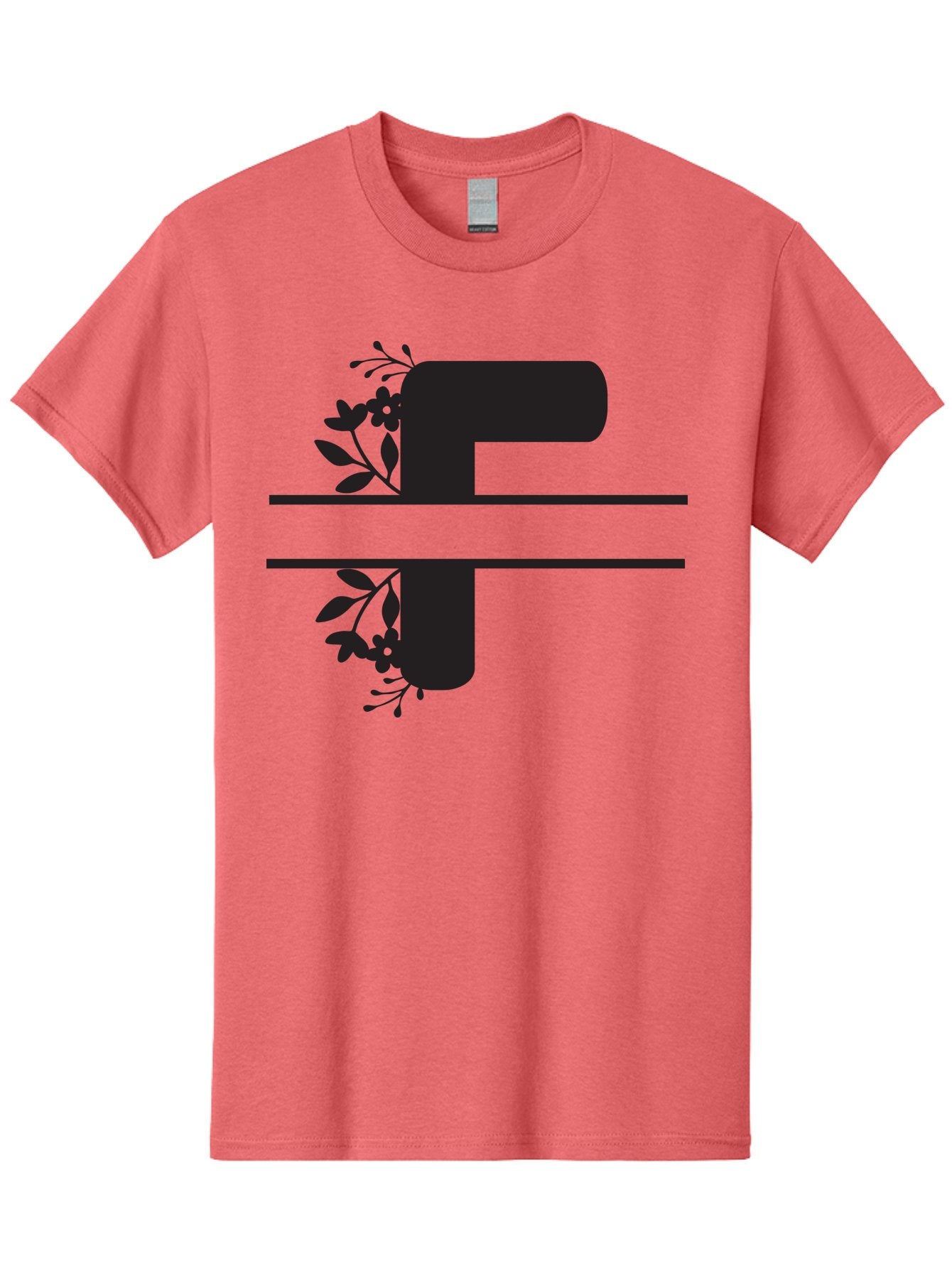 F-1 Men'S Graphic Tee, 100% Cotton, Comfortable Casual Summer Wear, Machine Washable, Floral Alphabet, Letter F, Black Font, Botanical Design, Floral Elements, Leafy Details, Elegant Typography, Decorative Lettering Aac699 9