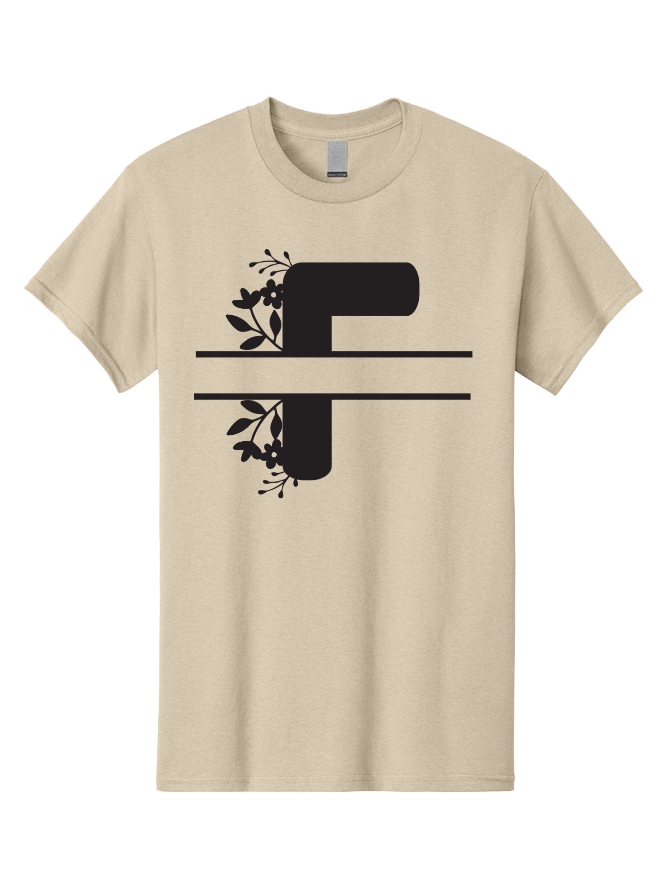 F-1 Men'S Graphic Tee, 100% Cotton, Comfortable Casual Summer Wear, Machine Washable, Floral Alphabet, Letter F, Black Font, Botanical Design, Floral Elements, Leafy Details, Elegant Typography, Decorative Lettering Aac699 11