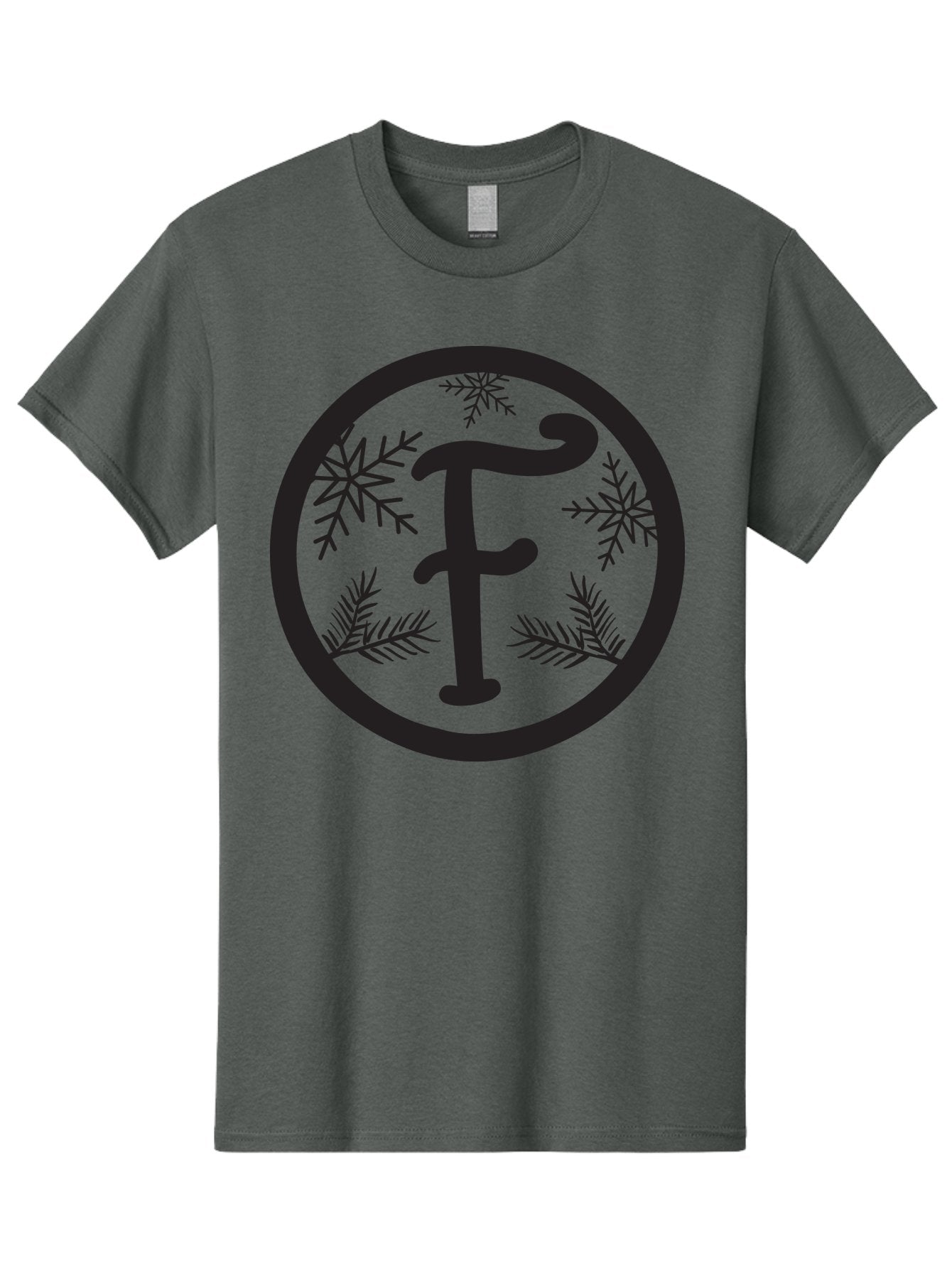 F Men'S Graphic Tee, 100% Cotton, Comfortable Casual Summer Wear, Machine Washable, Black Letter F, Snowflakes, Pine Branches, Winter Theme, Festive Design, Elegant Typography, Circular Frame, Black And Green Color Scheme Aac700 14