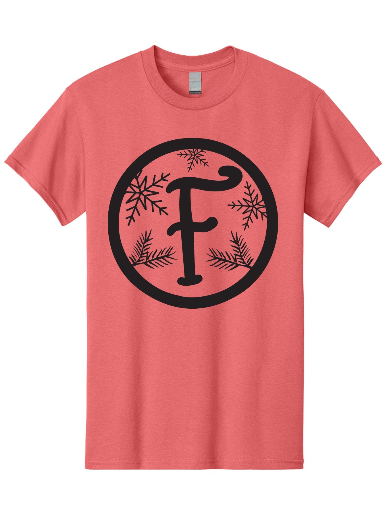 F Men'S Graphic Tee, 100% Cotton, Comfortable Casual Summer Wear, Machine Washable, Black Letter F, Snowflakes, Pine Branches, Winter Theme, Festive Design, Elegant Typography, Circular Frame, Black And Green Color Scheme Aac700 7