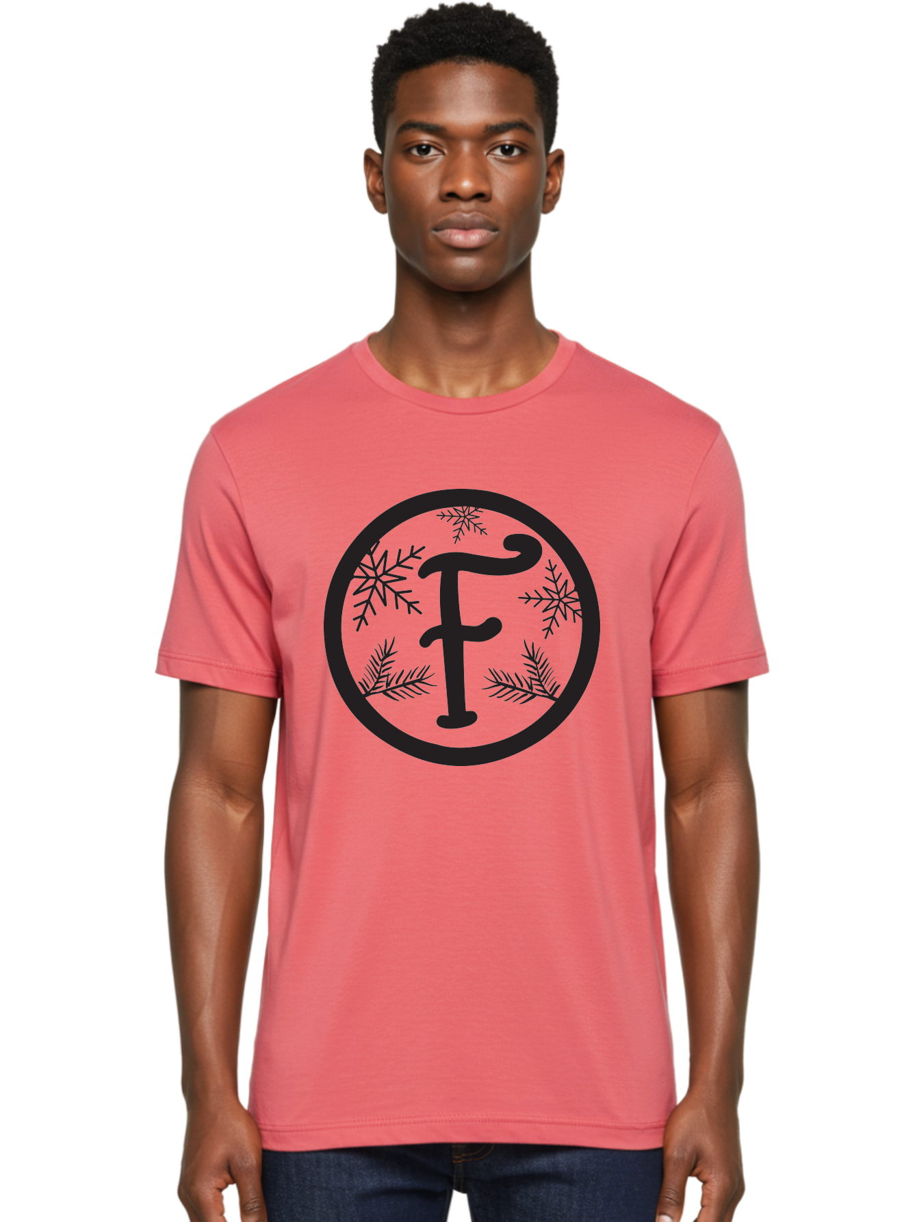 F Men'S Graphic Tee, 100% Cotton, Comfortable Casual Summer Wear, Machine Washable, Black Letter F, Snowflakes, Pine Branches, Winter Theme, Festive Design, Elegant Typography, Circular Frame, Black And Green Color Scheme Aac700 26