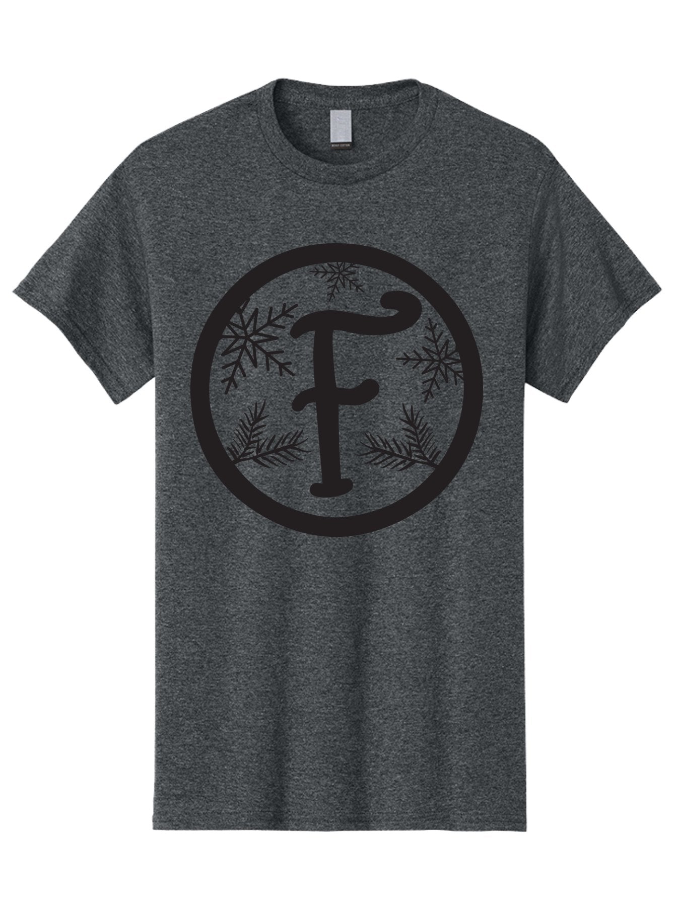 F Men'S Graphic Tee, 100% Cotton, Comfortable Casual Summer Wear, Machine Washable, Black Letter F, Snowflakes, Pine Branches, Winter Theme, Festive Design, Elegant Typography, Circular Frame, Black And Green Color Scheme Aac700 15