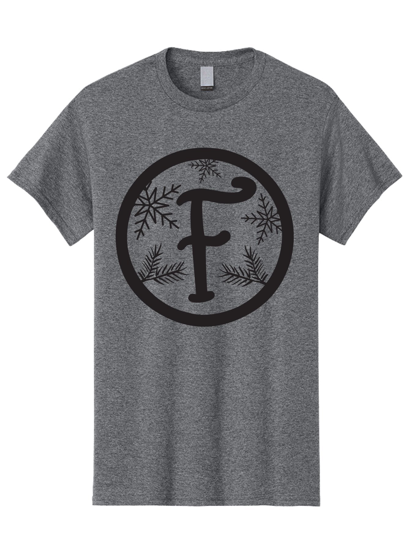 F Men'S Graphic Tee, 100% Cotton, Comfortable Casual Summer Wear, Machine Washable, Black Letter F, Snowflakes, Pine Branches, Winter Theme, Festive Design, Elegant Typography, Circular Frame, Black And Green Color Scheme Aac700 13