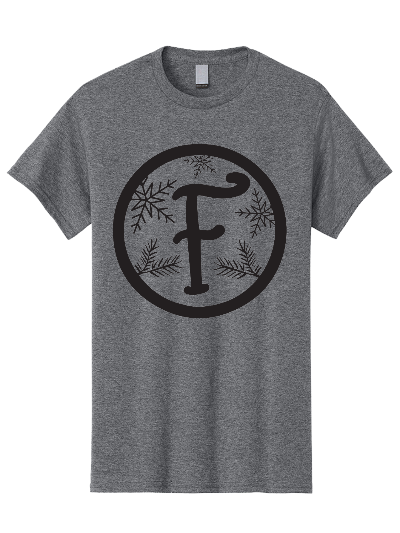 F Men'S Graphic Tee, 100% Cotton, Comfortable Casual Summer Wear, Machine Washable, Black Letter F, Snowflakes, Pine Branches, Winter Theme, Festive Design, Elegant Typography, Circular Frame, Black And Green Color Scheme Aac700 29