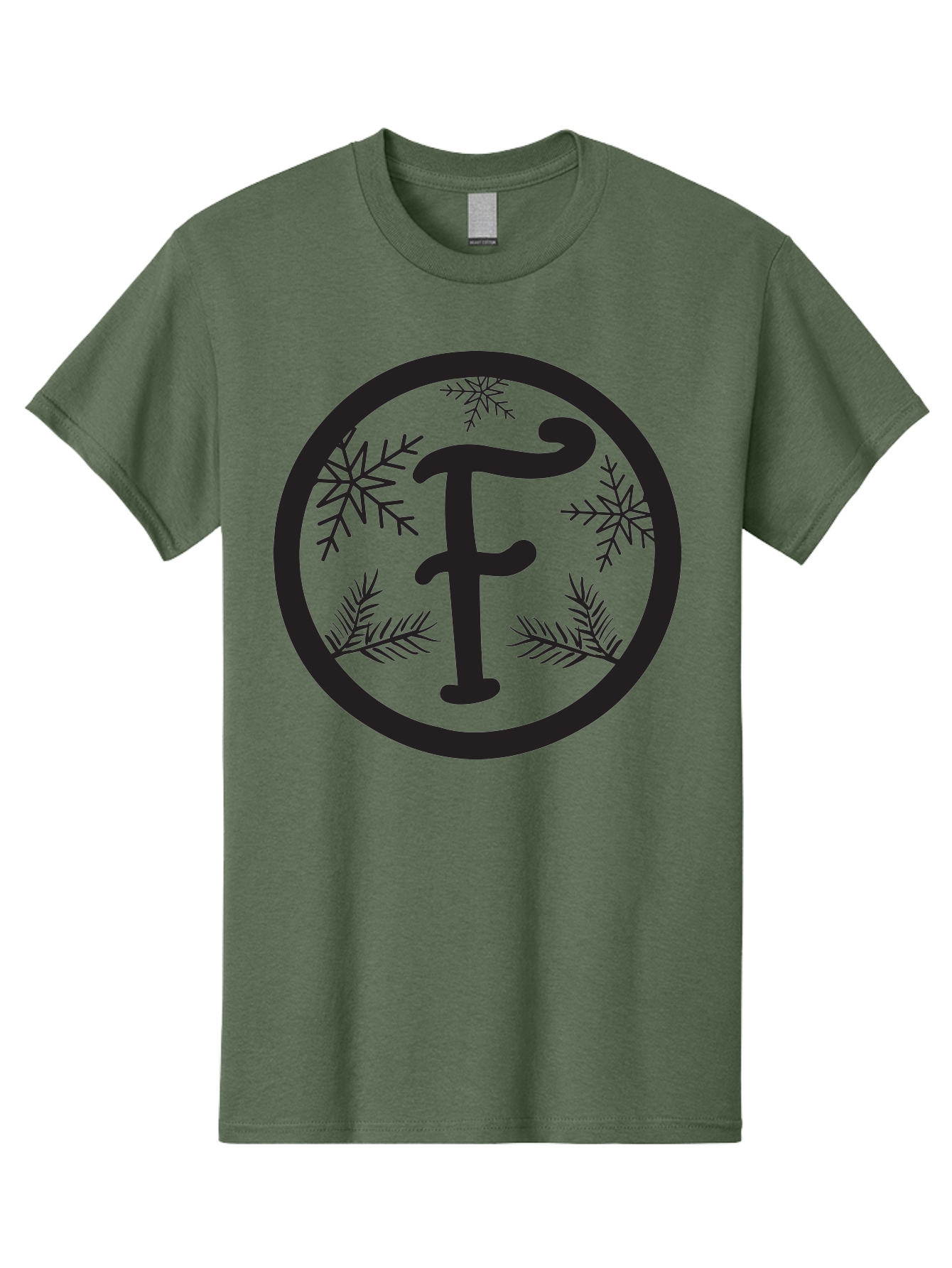 F Men'S Graphic Tee, 100% Cotton, Comfortable Casual Summer Wear, Machine Washable, Black Letter F, Snowflakes, Pine Branches, Winter Theme, Festive Design, Elegant Typography, Circular Frame, Black And Green Color Scheme Aac700 27