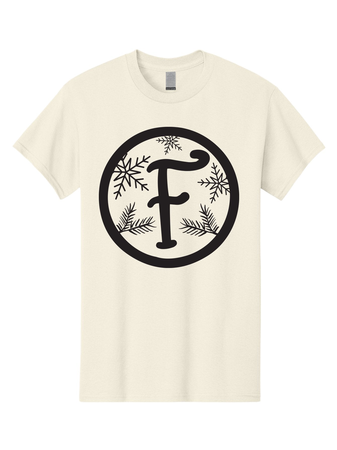 F Men'S Graphic Tee, 100% Cotton, Comfortable Casual Summer Wear, Machine Washable, Black Letter F, Snowflakes, Pine Branches, Winter Theme, Festive Design, Elegant Typography, Circular Frame, Black And Green Color Scheme Aac700 11