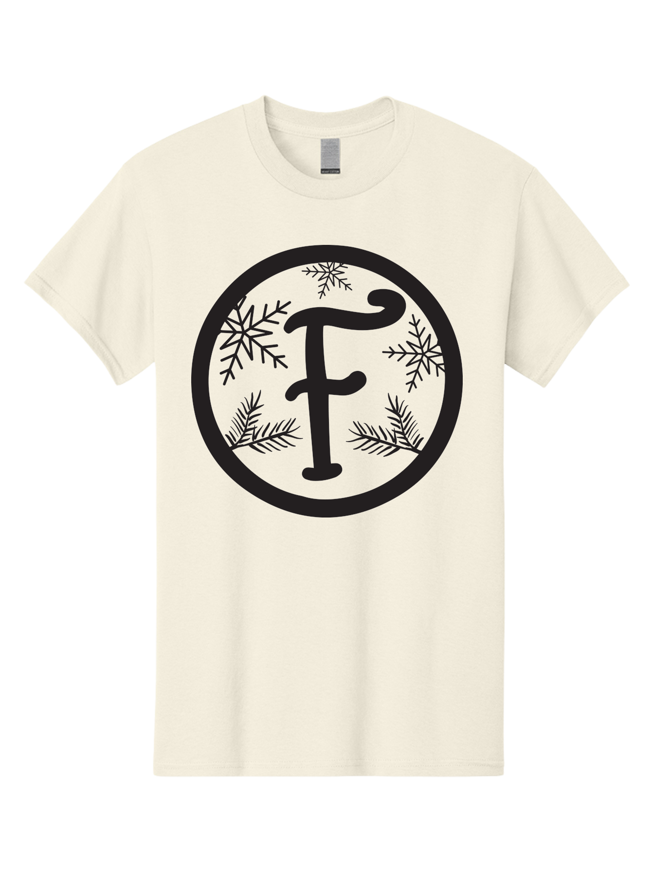 F Men'S Graphic Tee, 100% Cotton, Comfortable Casual Summer Wear, Machine Washable, Black Letter F, Snowflakes, Pine Branches, Winter Theme, Festive Design, Elegant Typography, Circular Frame, Black And Green Color Scheme Aac700 7