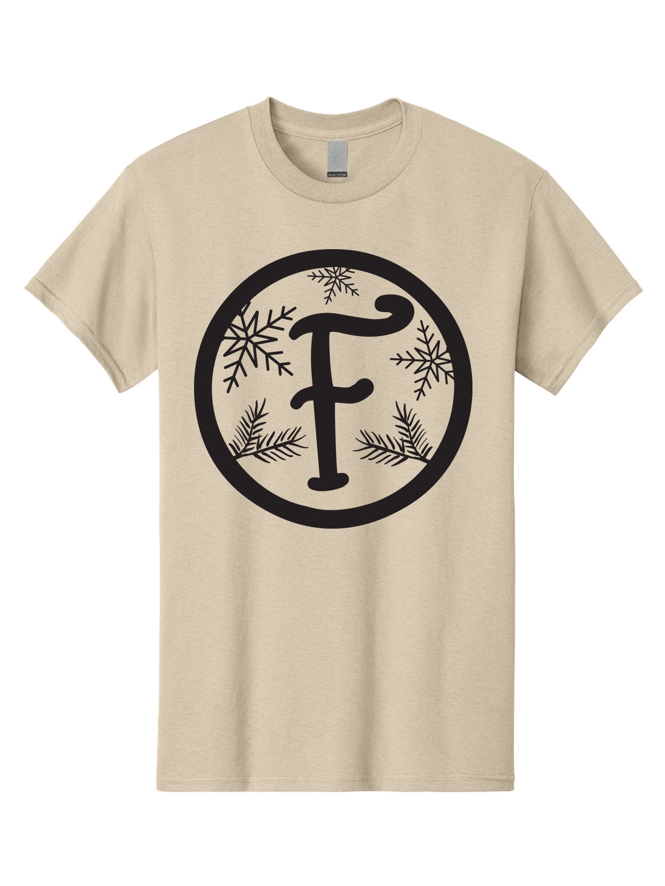 F Men'S Graphic Tee, 100% Cotton, Comfortable Casual Summer Wear, Machine Washable, Black Letter F, Snowflakes, Pine Branches, Winter Theme, Festive Design, Elegant Typography, Circular Frame, Black And Green Color Scheme Aac700 8