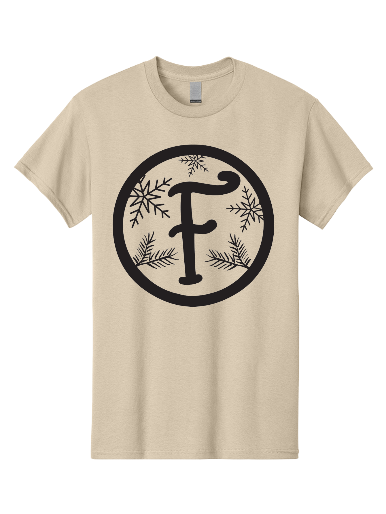 F Men'S Graphic Tee, 100% Cotton, Comfortable Casual Summer Wear, Machine Washable, Black Letter F, Snowflakes, Pine Branches, Winter Theme, Festive Design, Elegant Typography, Circular Frame, Black And Green Color Scheme Aac700 11