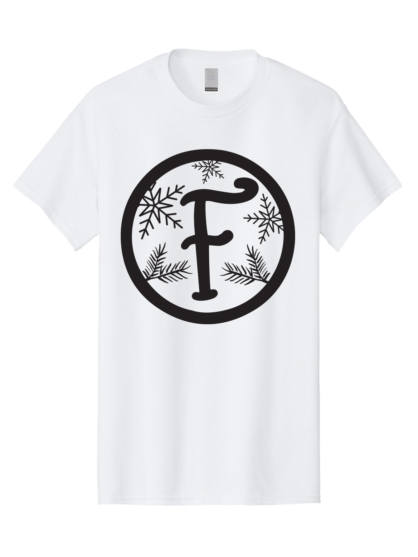 F Men'S Graphic Tee, 100% Cotton, Comfortable Casual Summer Wear, Machine Washable, Black Letter F, Snowflakes, Pine Branches, Winter Theme, Festive Design, Elegant Typography, Circular Frame, Black And Green Color Scheme Aac700