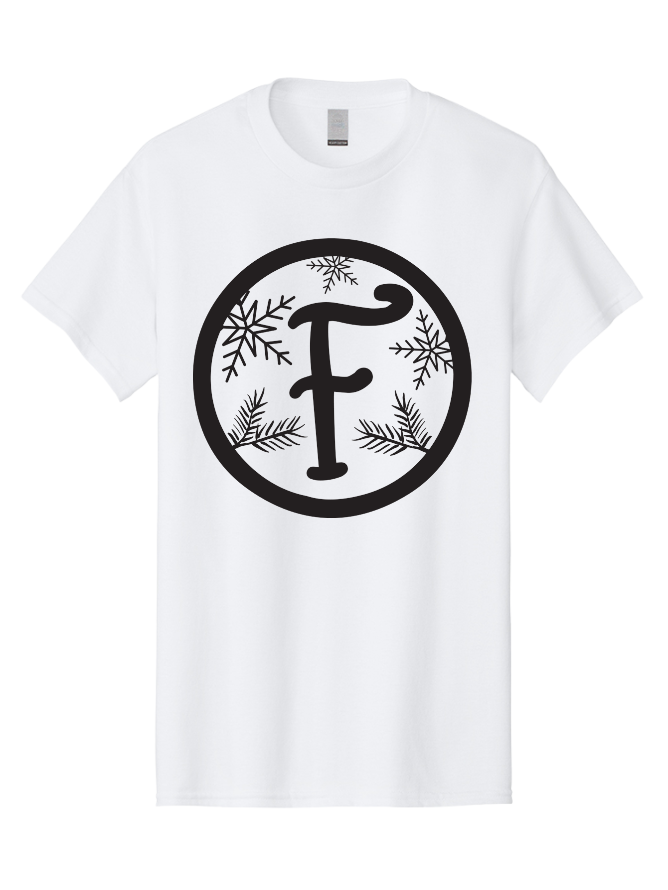 F Men'S Graphic Tee, 100% Cotton, Comfortable Casual Summer Wear, Machine Washable, Black Letter F, Snowflakes, Pine Branches, Winter Theme, Festive Design, Elegant Typography, Circular Frame, Black And Green Color Scheme Aac700 21
