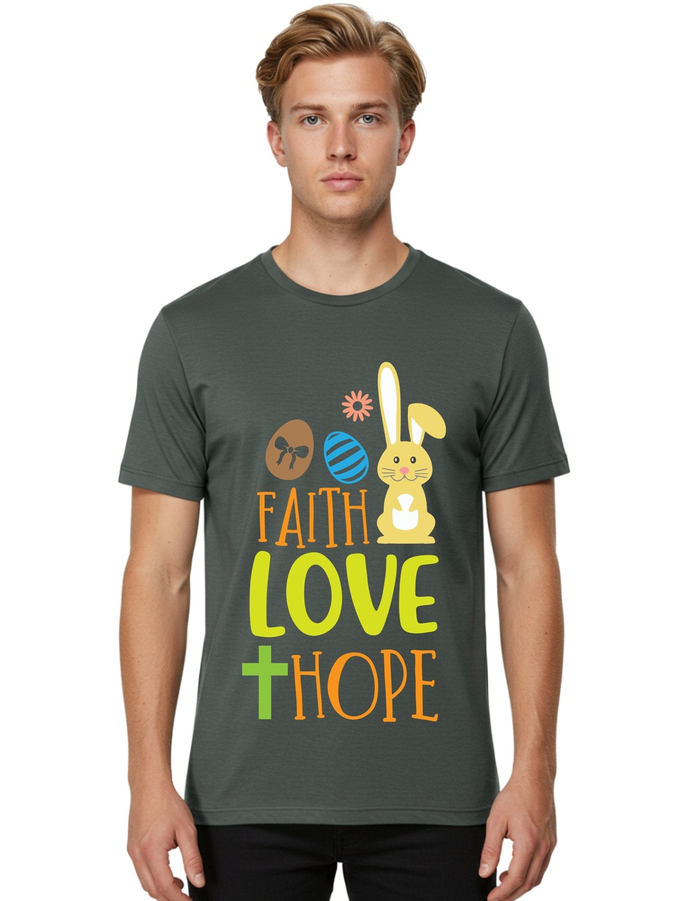 Faith-Love-Hope Men'S Graphic Tee, 100% Cotton, Comfortable Casual Summer Wear, Machine Washable, Easter Bunny, Faith Love Hope, Easter Eggs, Christian Symbolism, Inspirational Quote, Spring Theme, Pastel Colors, Holiday Design Aac703 20