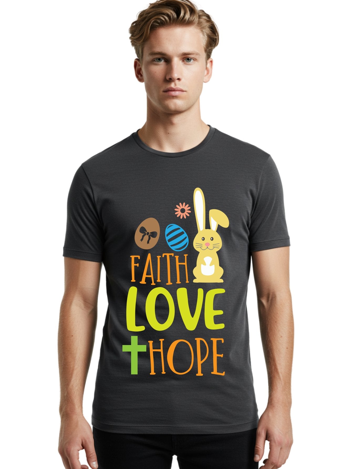 Faith-Love-Hope Men'S Graphic Tee, 100% Cotton, Comfortable Casual Summer Wear, Machine Washable, Easter Bunny, Faith Love Hope, Easter Eggs, Christian Symbolism, Inspirational Quote, Spring Theme, Pastel Colors, Holiday Design Aac703 23
