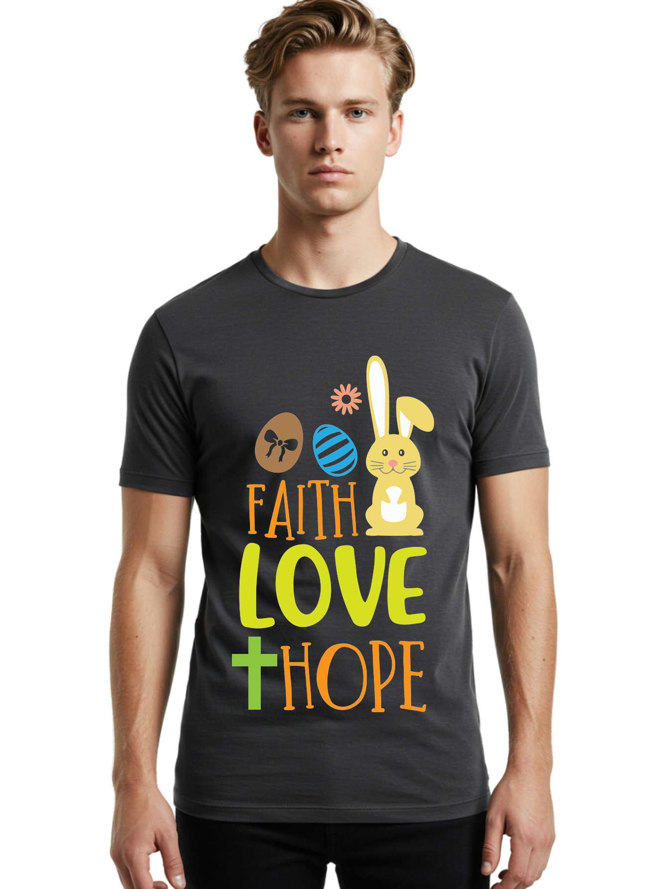 Faith-Love-Hope Men'S Graphic Tee, 100% Cotton, Comfortable Casual Summer Wear, Machine Washable, Easter Bunny, Faith Love Hope, Easter Eggs, Christian Symbolism, Inspirational Quote, Spring Theme, Pastel Colors, Holiday Design Aac703 16