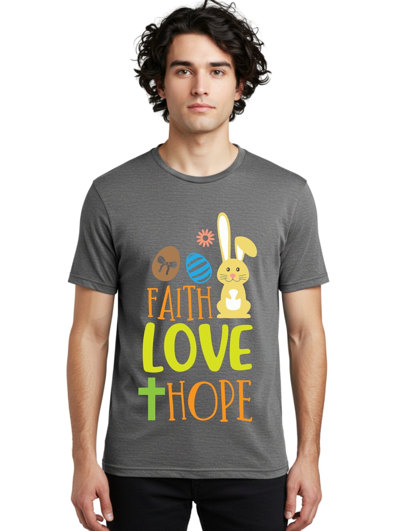 Faith-Love-Hope Men'S Graphic Tee, 100% Cotton, Comfortable Casual Summer Wear, Machine Washable, Easter Bunny, Faith Love Hope, Easter Eggs, Christian Symbolism, Inspirational Quote, Spring Theme, Pastel Colors, Holiday Design Aac703 30