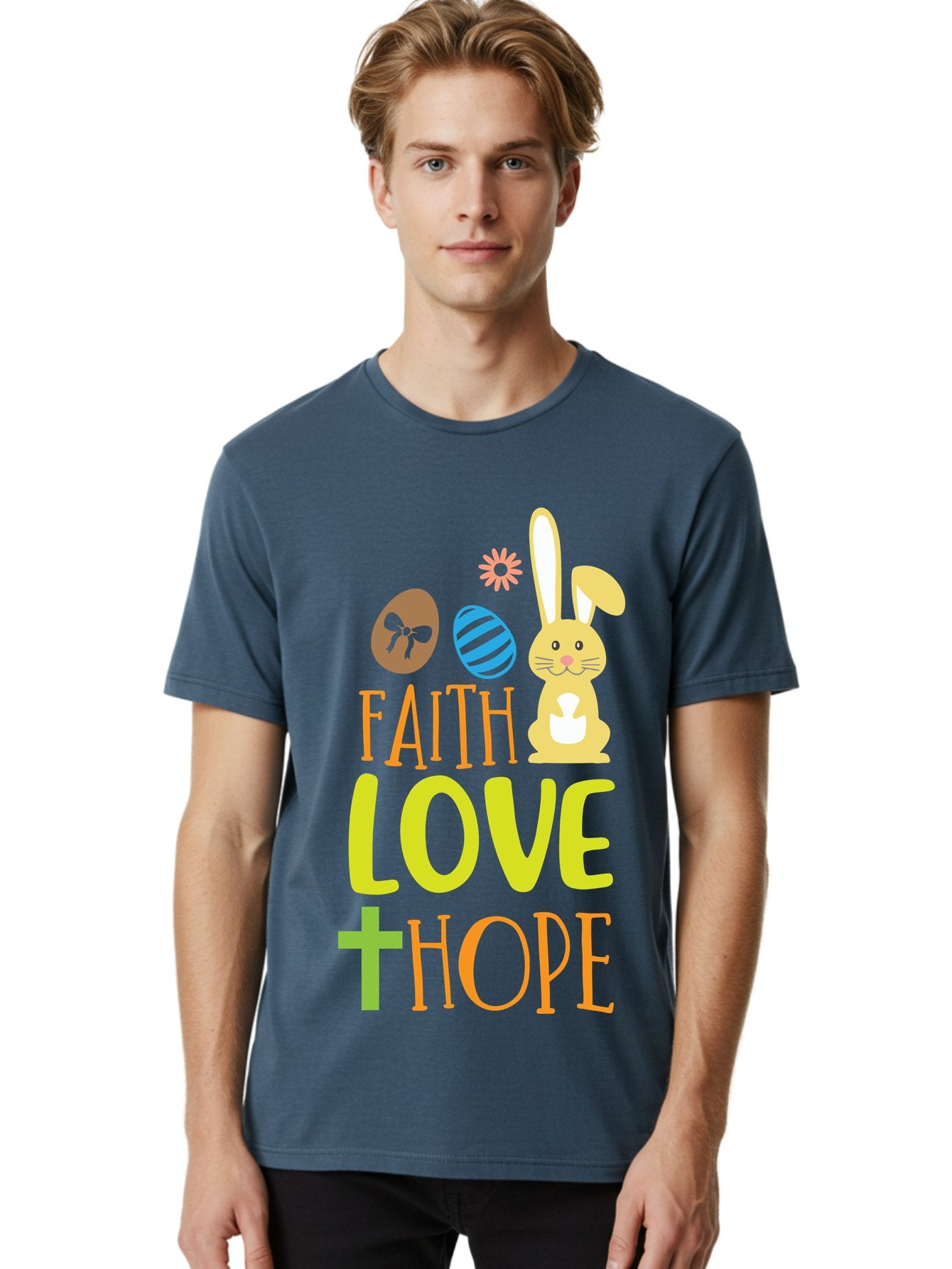 Faith-Love-Hope Men'S Graphic Tee, 100% Cotton, Comfortable Casual Summer Wear, Machine Washable, Easter Bunny, Faith Love Hope, Easter Eggs, Christian Symbolism, Inspirational Quote, Spring Theme, Pastel Colors, Holiday Design Aac703 21