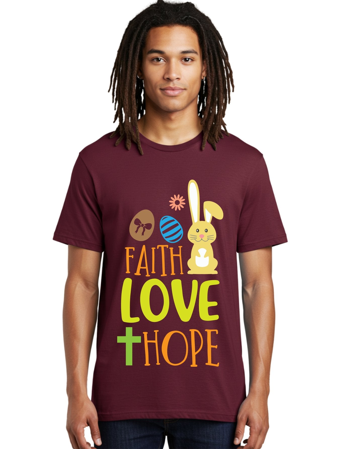 Faith-Love-Hope Men'S Graphic Tee, 100% Cotton, Comfortable Casual Summer Wear, Machine Washable, Easter Bunny, Faith Love Hope, Easter Eggs, Christian Symbolism, Inspirational Quote, Spring Theme, Pastel Colors, Holiday Design Aac703 24