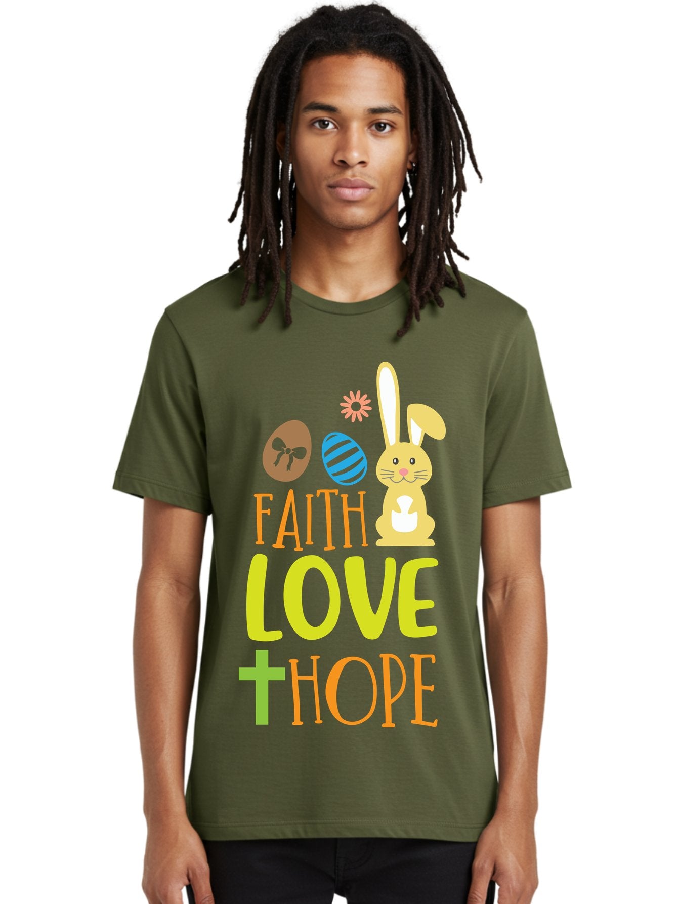 Faith-Love-Hope Men'S Graphic Tee, 100% Cotton, Comfortable Casual Summer Wear, Machine Washable, Easter Bunny, Faith Love Hope, Easter Eggs, Christian Symbolism, Inspirational Quote, Spring Theme, Pastel Colors, Holiday Design Aac703 18