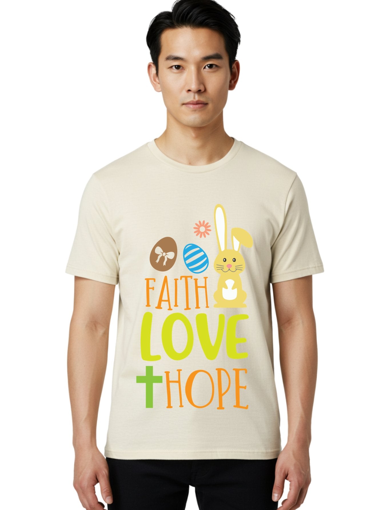 Faith-Love-Hope Men'S Graphic Tee, 100% Cotton, Comfortable Casual Summer Wear, Machine Washable, Easter Bunny, Faith Love Hope, Easter Eggs, Christian Symbolism, Inspirational Quote, Spring Theme, Pastel Colors, Holiday Design Aac703 29
