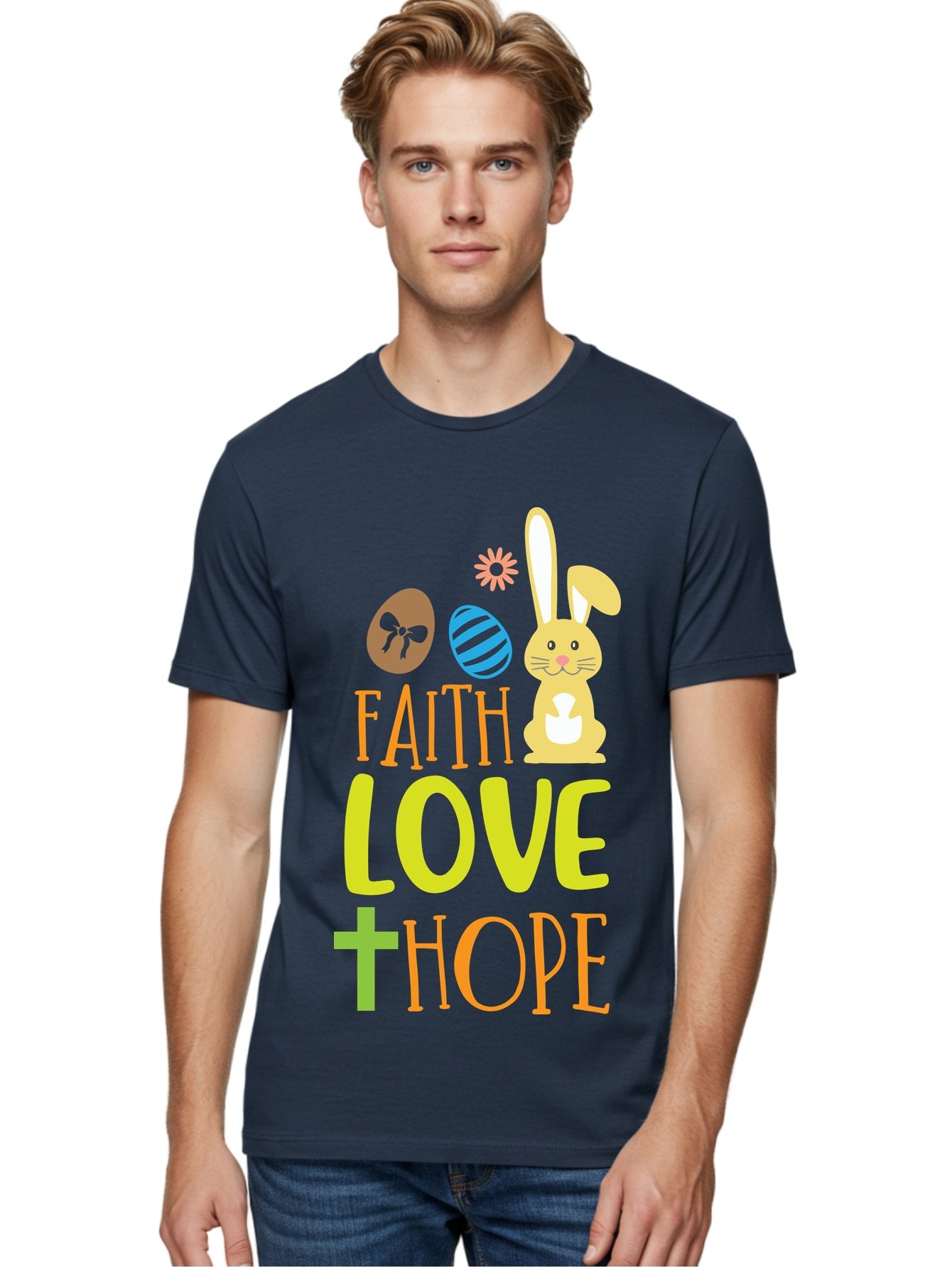 Faith-Love-Hope Men'S Graphic Tee, 100% Cotton, Comfortable Casual Summer Wear, Machine Washable, Easter Bunny, Faith Love Hope, Easter Eggs, Christian Symbolism, Inspirational Quote, Spring Theme, Pastel Colors, Holiday Design Aac703 27