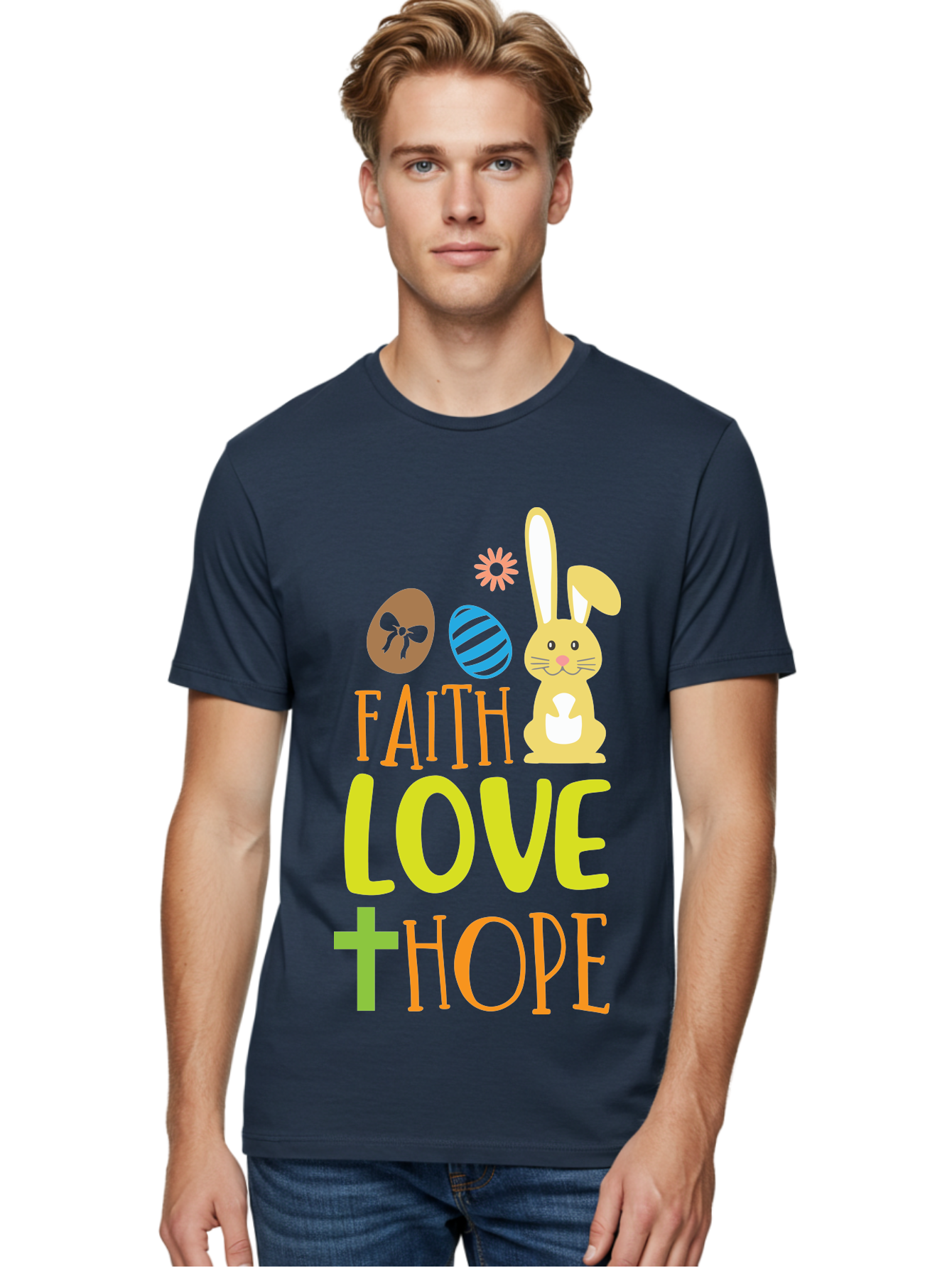 Faith-Love-Hope Men'S Graphic Tee, 100% Cotton, Comfortable Casual Summer Wear, Machine Washable, Easter Bunny, Faith Love Hope, Easter Eggs, Christian Symbolism, Inspirational Quote, Spring Theme, Pastel Colors, Holiday Design Aac703 8
