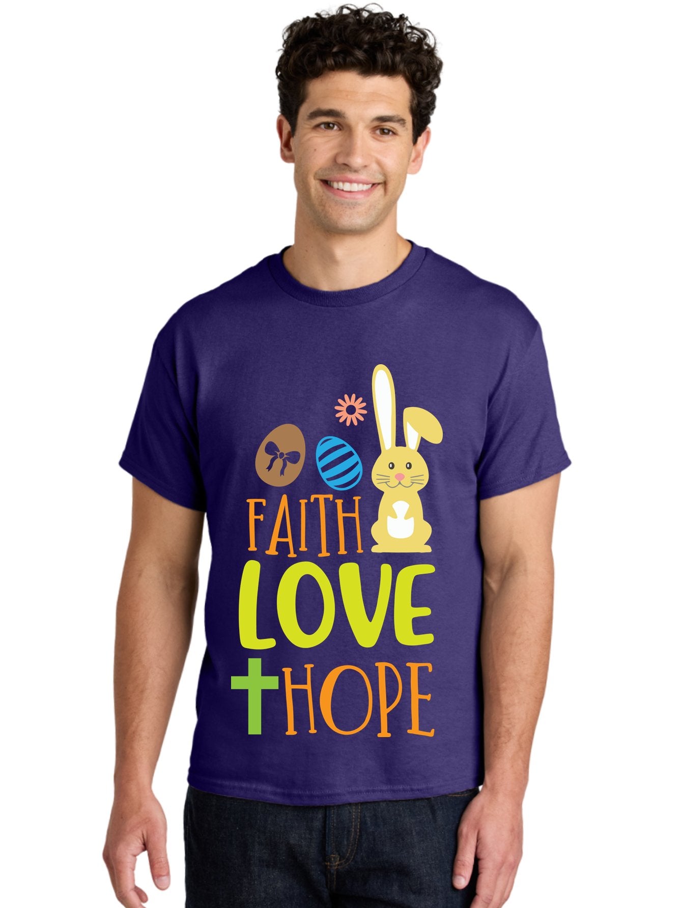 Faith-Love-Hope Men'S Graphic Tee, 100% Cotton, Comfortable Casual Summer Wear, Machine Washable, Easter Bunny, Faith Love Hope, Easter Eggs, Christian Symbolism, Inspirational Quote, Spring Theme, Pastel Colors, Holiday Design Aac703 28