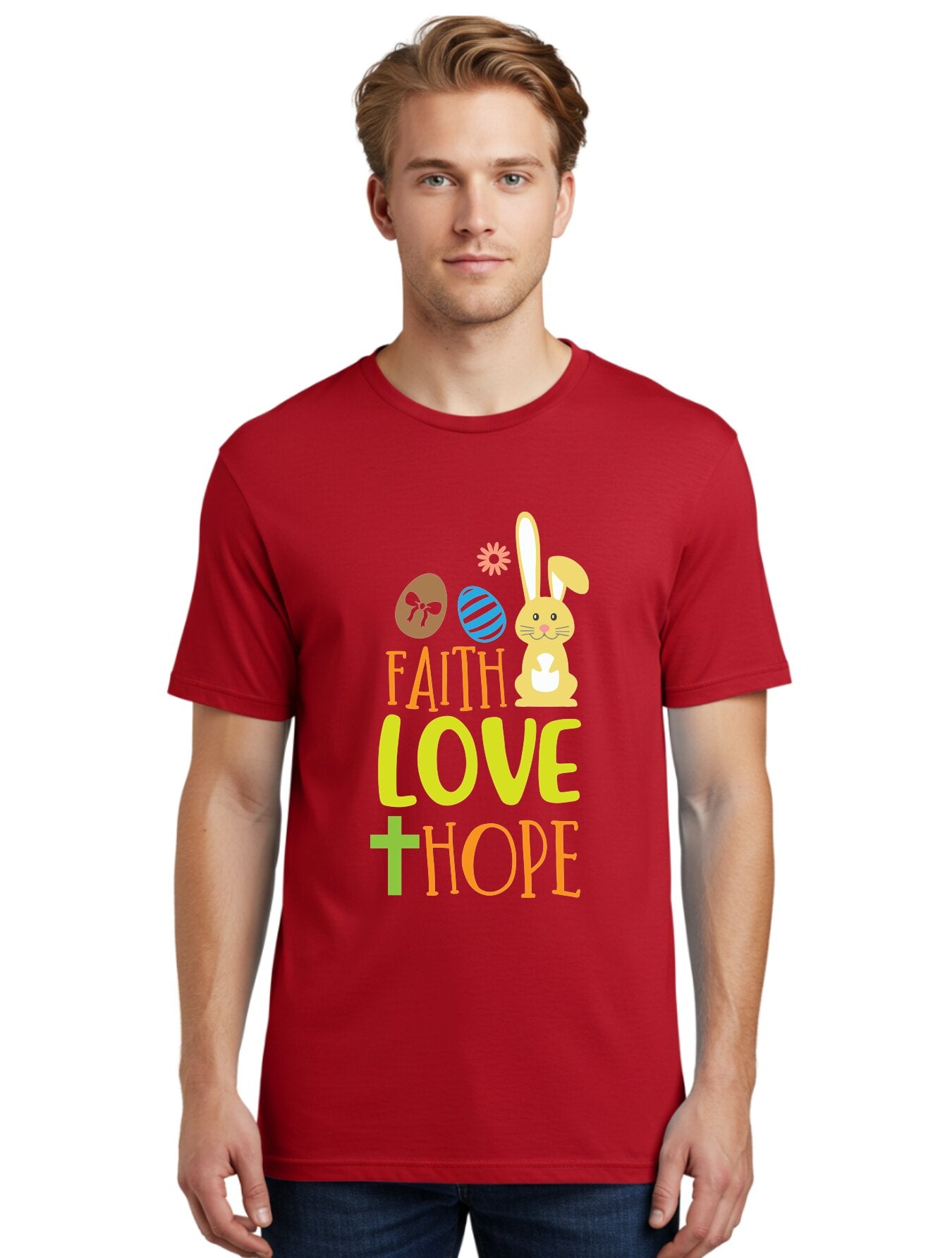 Faith-Love-Hope Men'S Graphic Tee, 100% Cotton, Comfortable Casual Summer Wear, Machine Washable, Easter Bunny, Faith Love Hope, Easter Eggs, Christian Symbolism, Inspirational Quote, Spring Theme, Pastel Colors, Holiday Design Aac703 22