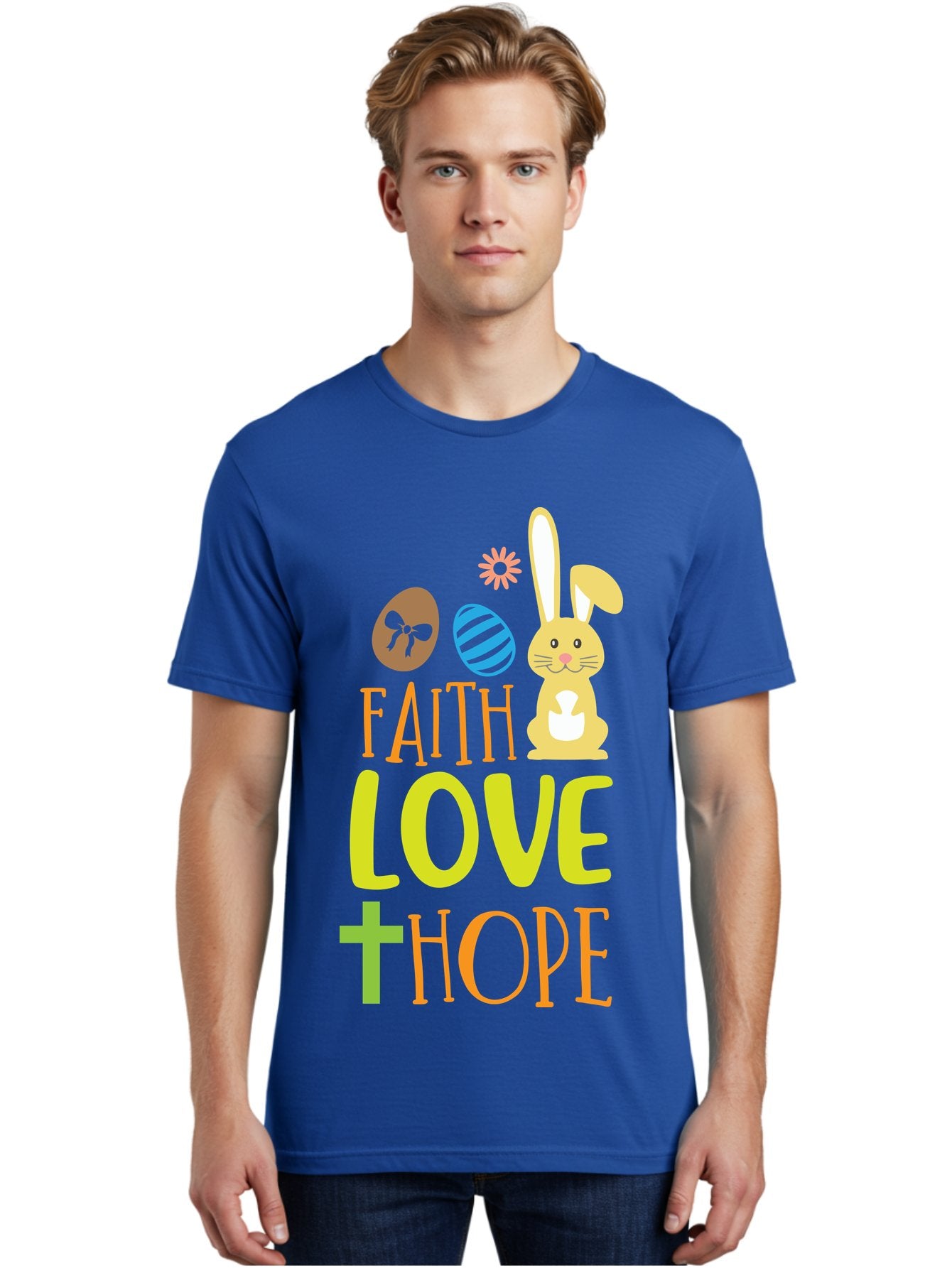 Faith-Love-Hope Men'S Graphic Tee, 100% Cotton, Comfortable Casual Summer Wear, Machine Washable, Easter Bunny, Faith Love Hope, Easter Eggs, Christian Symbolism, Inspirational Quote, Spring Theme, Pastel Colors, Holiday Design Aac703 25