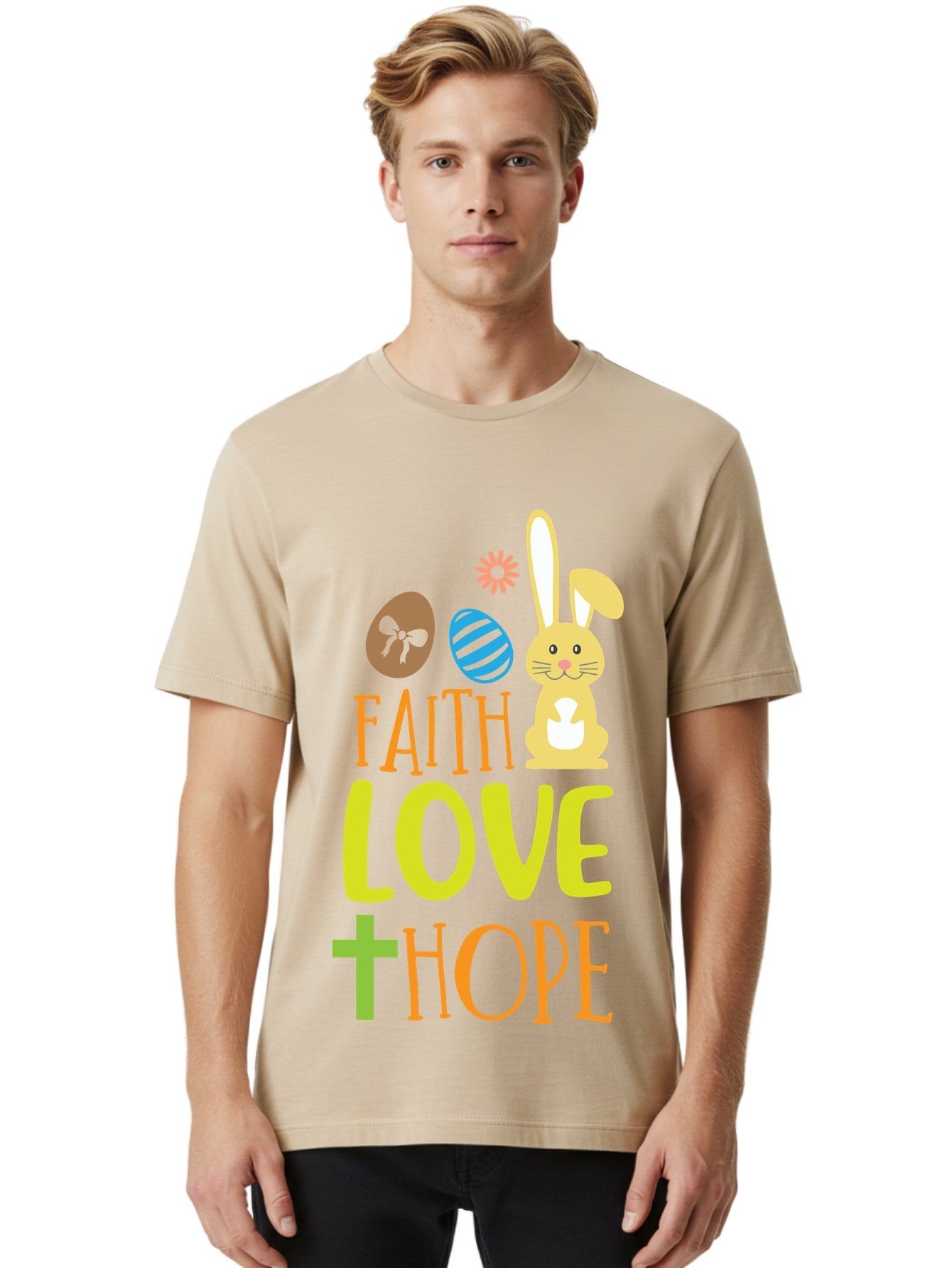Faith-Love-Hope Men'S Graphic Tee, 100% Cotton, Comfortable Casual Summer Wear, Machine Washable, Easter Bunny, Faith Love Hope, Easter Eggs, Christian Symbolism, Inspirational Quote, Spring Theme, Pastel Colors, Holiday Design Aac703 17
