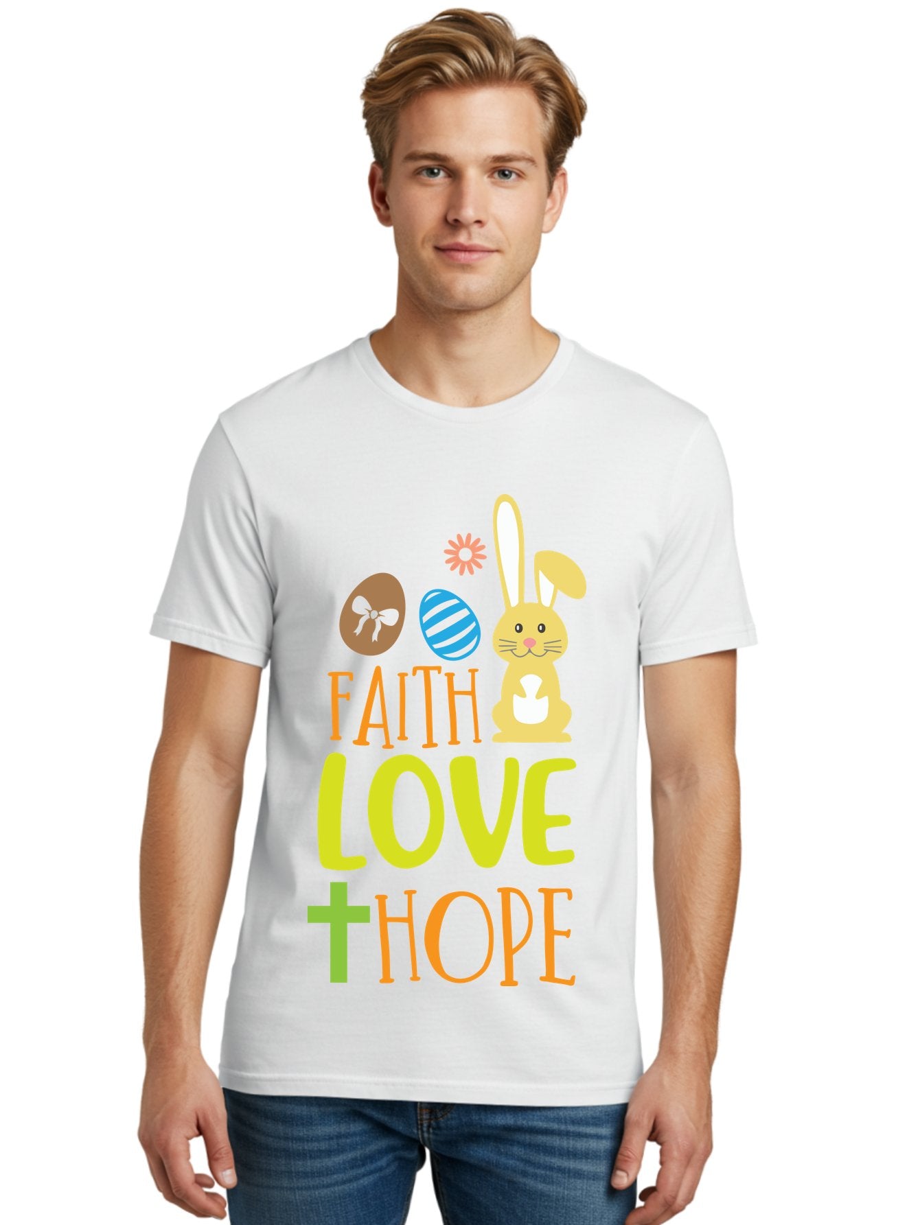 Faith-Love-Hope Men'S Graphic Tee, 100% Cotton, Comfortable Casual Summer Wear, Machine Washable, Easter Bunny, Faith Love Hope, Easter Eggs, Christian Symbolism, Inspirational Quote, Spring Theme, Pastel Colors, Holiday Design Aac703 19