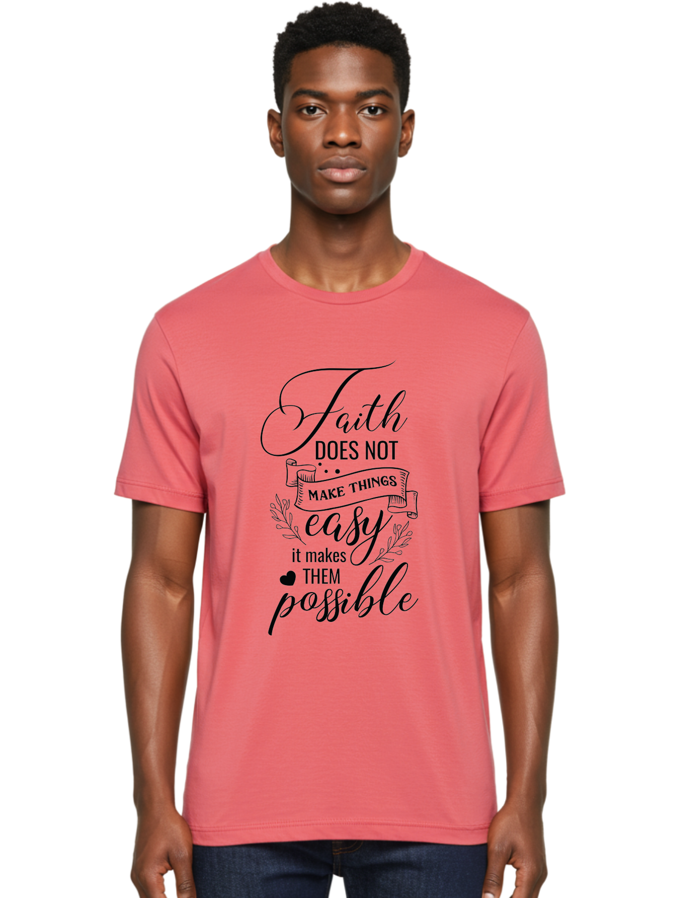 Faith-Makes-Them-Possible Men'S Graphic Tee, 100% Cotton, Comfortable Casual Summer Wear, Machine Washable, Faith Quote, Inspirational Words, Motivational Saying, Makes Them Possible, Makes Things Easy, Spiritual Message, Positive Vibes, Aac704