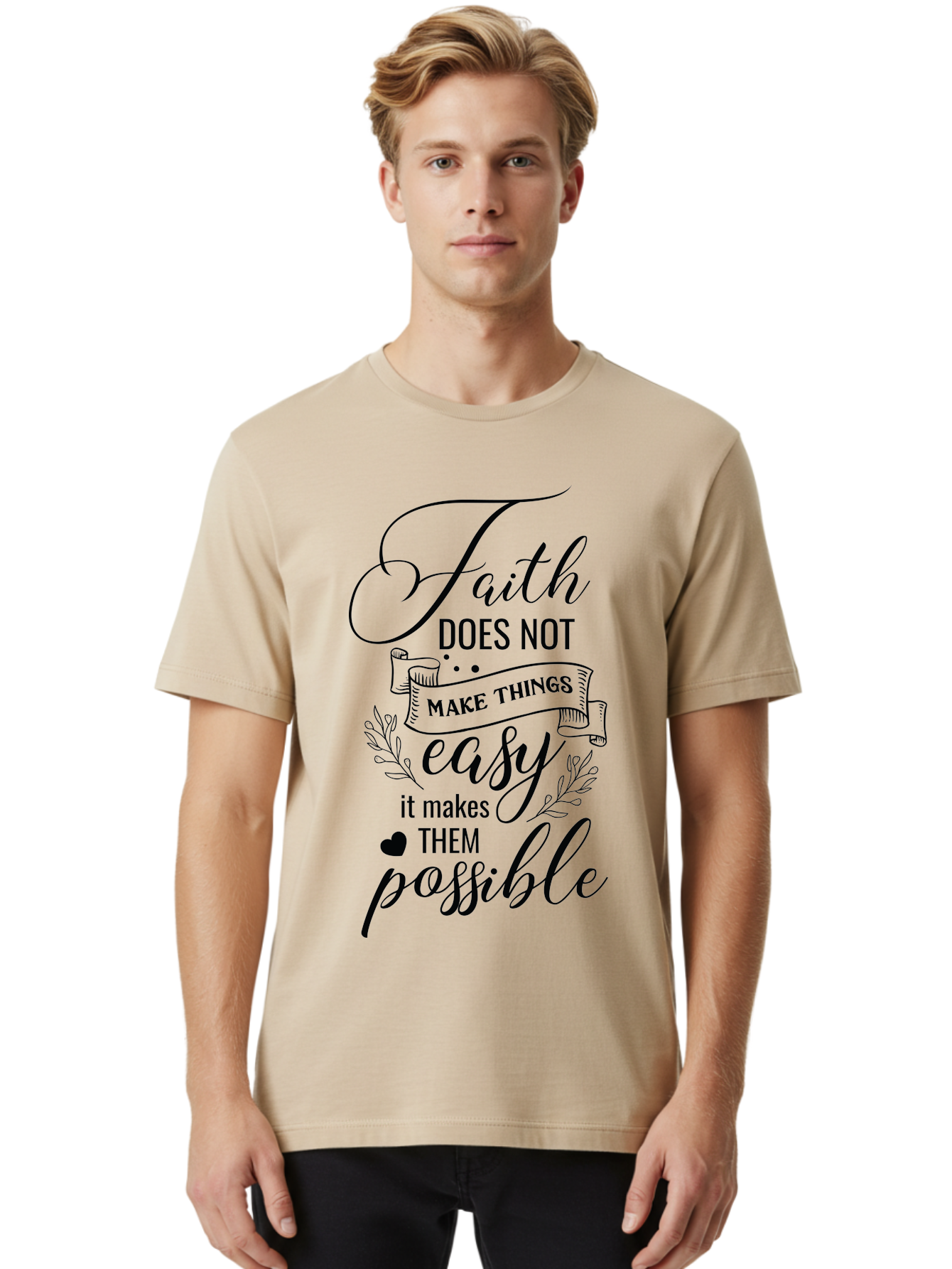 Faith-Makes-Them-Possible Men'S Graphic Tee, 100% Cotton, Comfortable Casual Summer Wear, Machine Washable, Faith Quote, Inspirational Words, Motivational Saying, Makes Them Possible, Makes Things Easy, Spiritual Message, Positive Vibes, Aac704 26