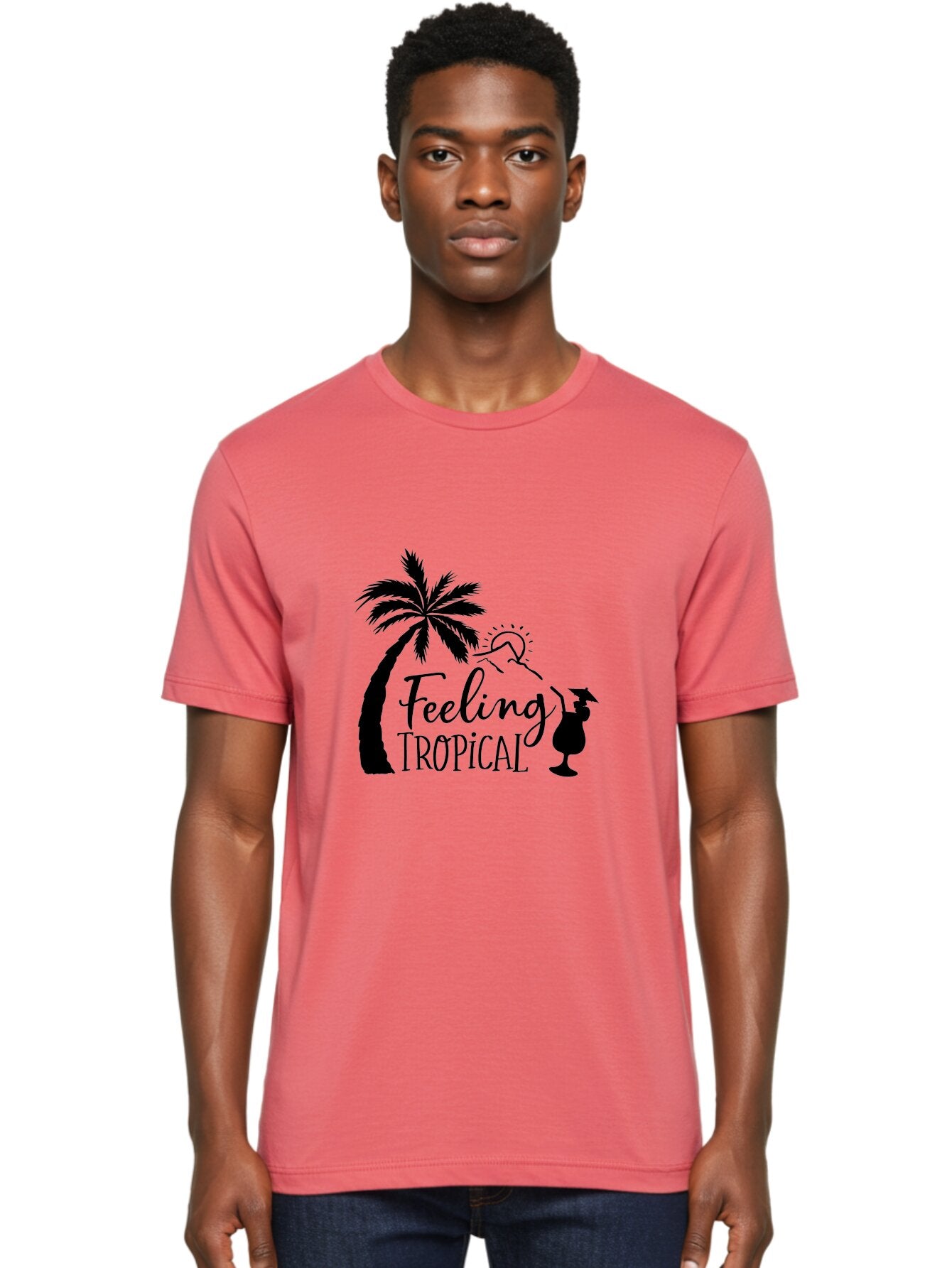 Feeling-Tropical Men'S Graphic Tee, 100% Cotton, Comfortable Casual Summer Wear, Machine Washable, Tropical Getaway, Palm Tree, Cocktail, Summer Vibes, Vacation Mode, Sun, Fun, Relaxation, Beach Life, Tropical Drinks Aac714 25