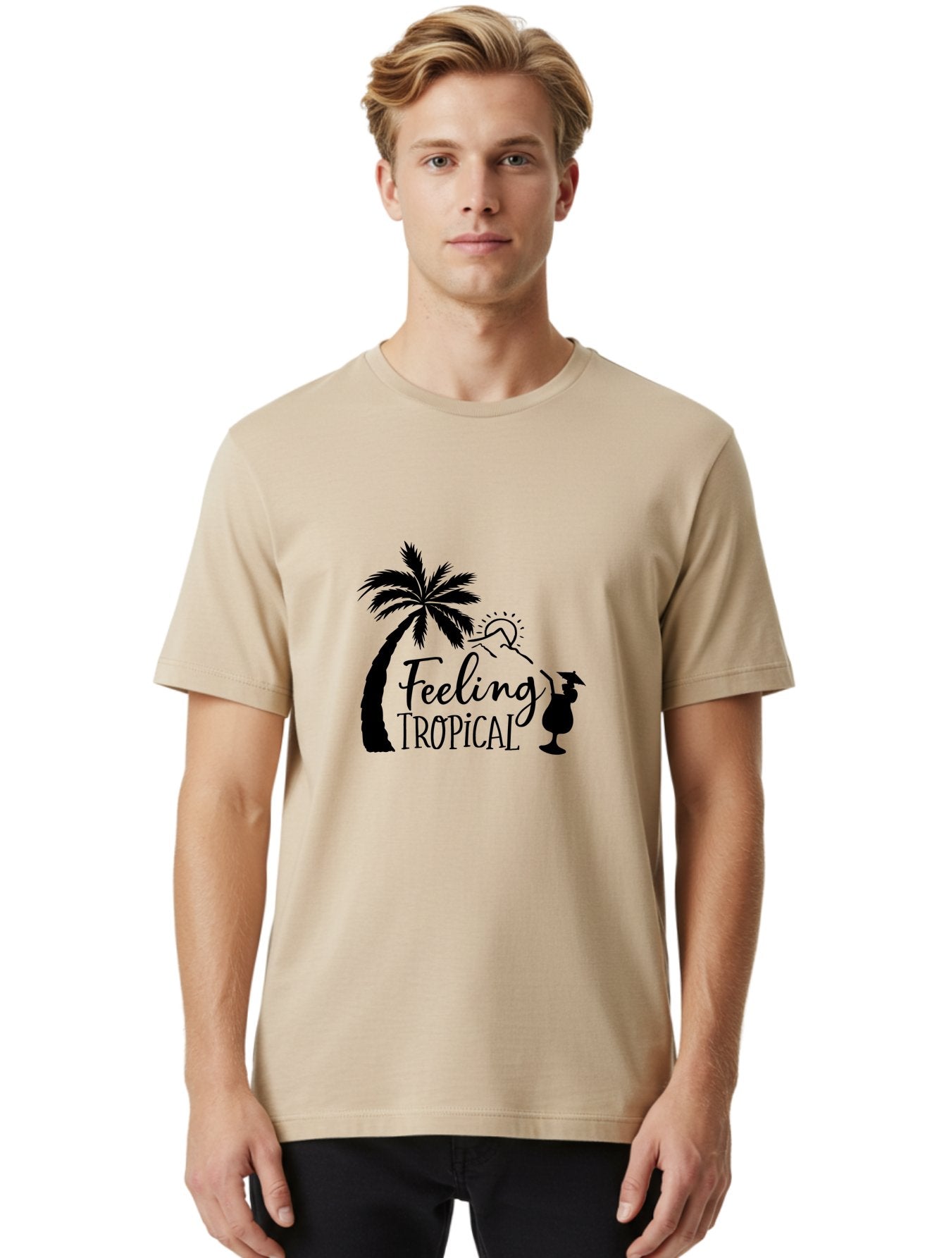 Feeling-Tropical Men'S Graphic Tee, 100% Cotton, Comfortable Casual Summer Wear, Machine Washable, Tropical Getaway, Palm Tree, Cocktail, Summer Vibes, Vacation Mode, Sun, Fun, Relaxation, Beach Life, Tropical Drinks Aac714 16