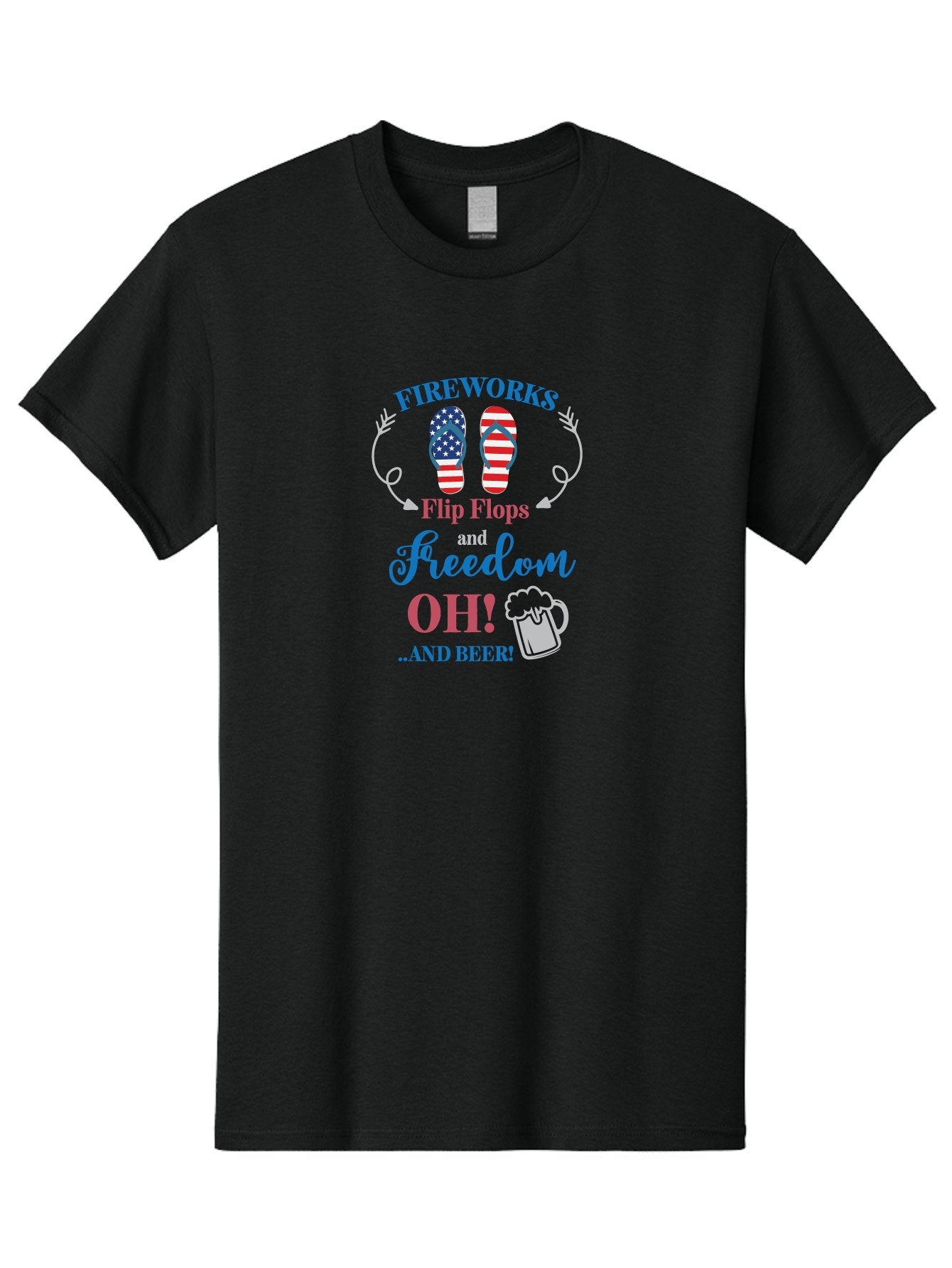 Fireworks-Flip-Flops-And-Freedom-Oh-And-Beer Men'S Graphic Tee, 100% Cotton, Comfortable Casual Summer Wear, Machine Washable, 4Th Of July Celebration, American Flag Flip Flops, Fireworks Display, Freedom Theme, Beer Mug, Aac717 13