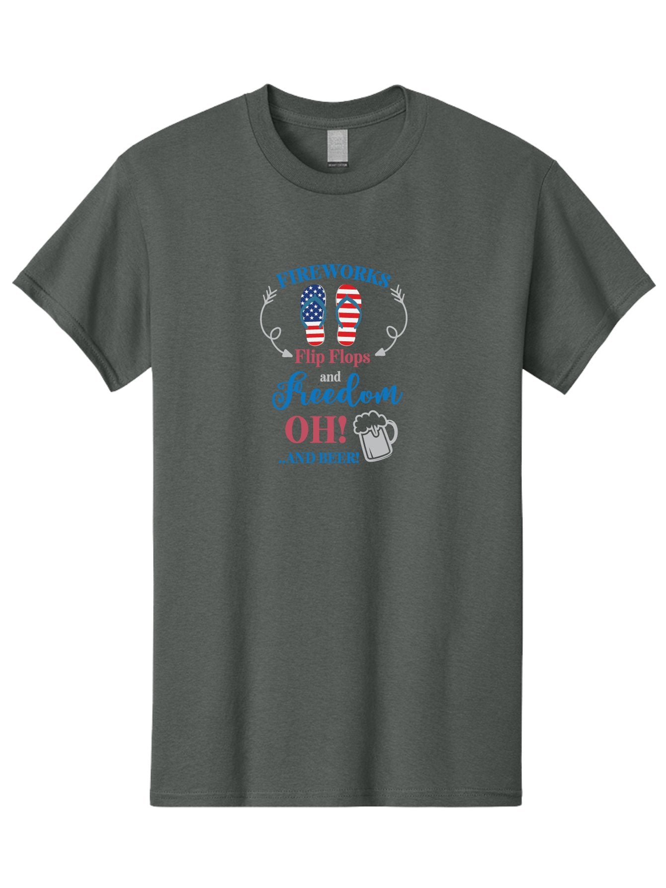 Fireworks-Flip-Flops-And-Freedom-Oh-And-Beer Men'S Graphic Tee, 100% Cotton, Comfortable Casual Summer Wear, Machine Washable, 4Th Of July Celebration, American Flag Flip Flops, Fireworks Display, Freedom Theme, Beer Mug, Aac717 14
