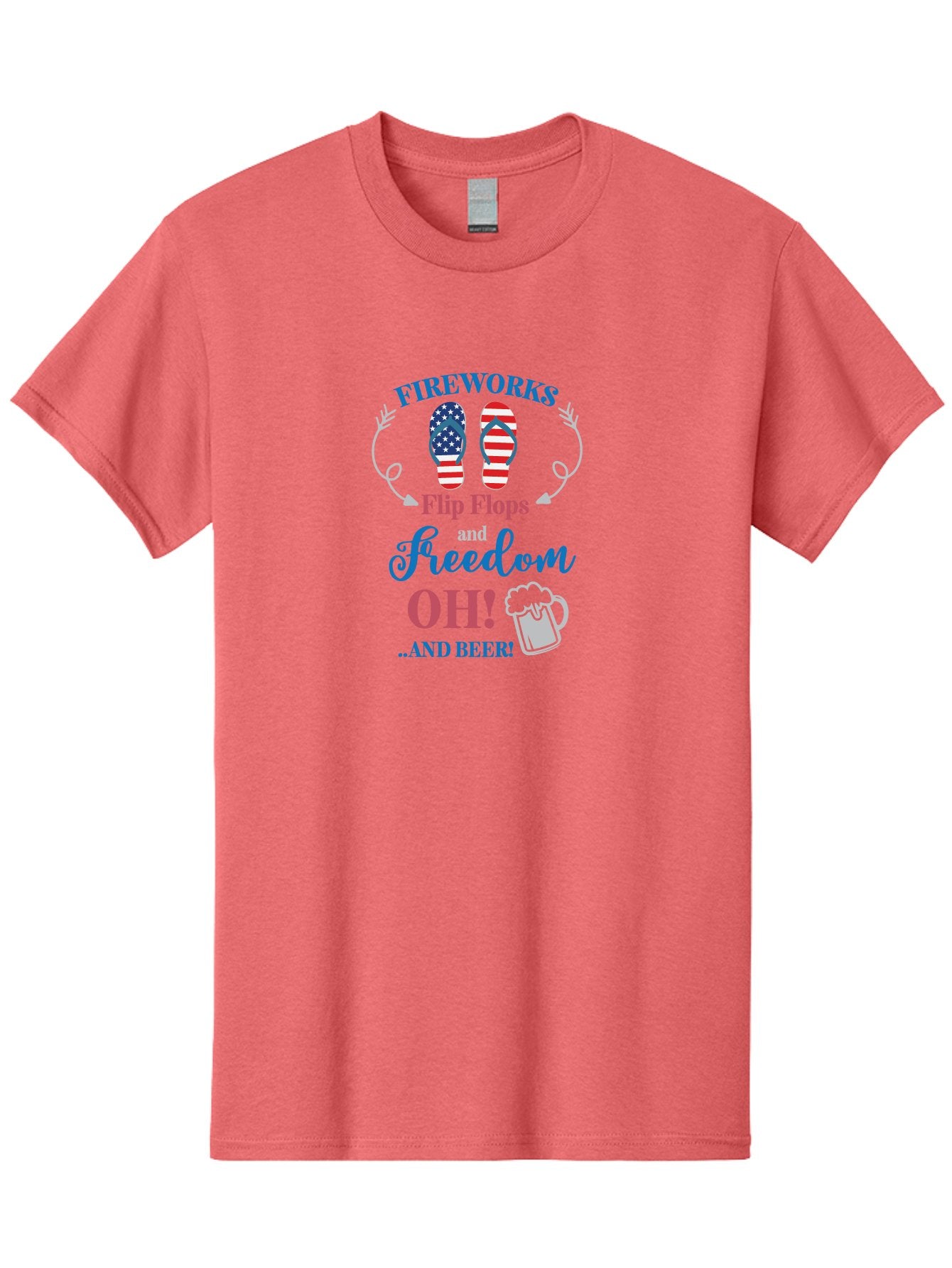 Fireworks-Flip-Flops-And-Freedom-Oh-And-Beer Men'S Graphic Tee, 100% Cotton, Comfortable Casual Summer Wear, Machine Washable, 4Th Of July Celebration, American Flag Flip Flops, Fireworks Display, Freedom Theme, Beer Mug, Aac717 15