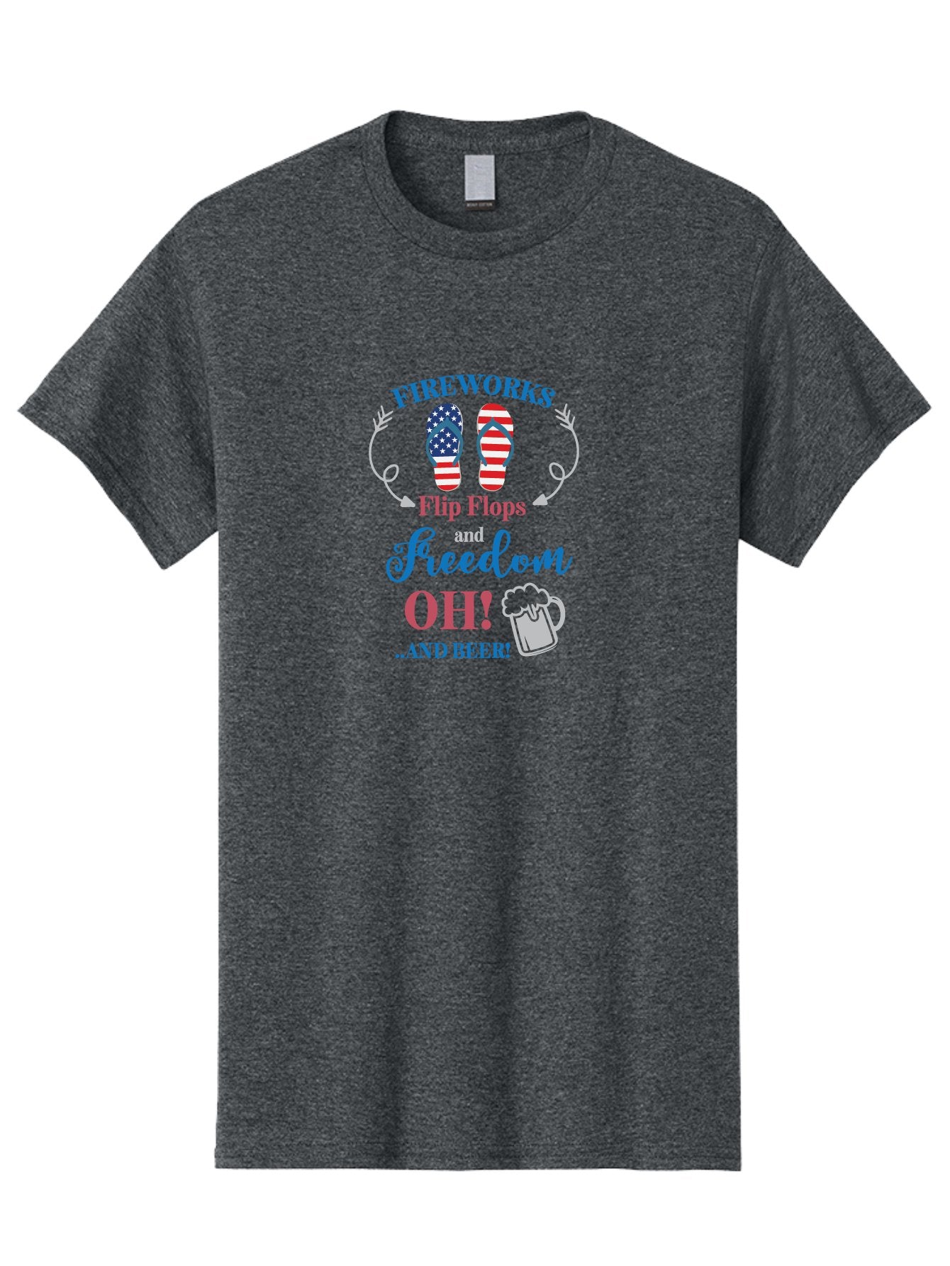 Fireworks-Flip-Flops-And-Freedom-Oh-And-Beer Men'S Graphic Tee, 100% Cotton, Comfortable Casual Summer Wear, Machine Washable, 4Th Of July Celebration, American Flag Flip Flops, Fireworks Display, Freedom Theme, Beer Mug, Aac717 5