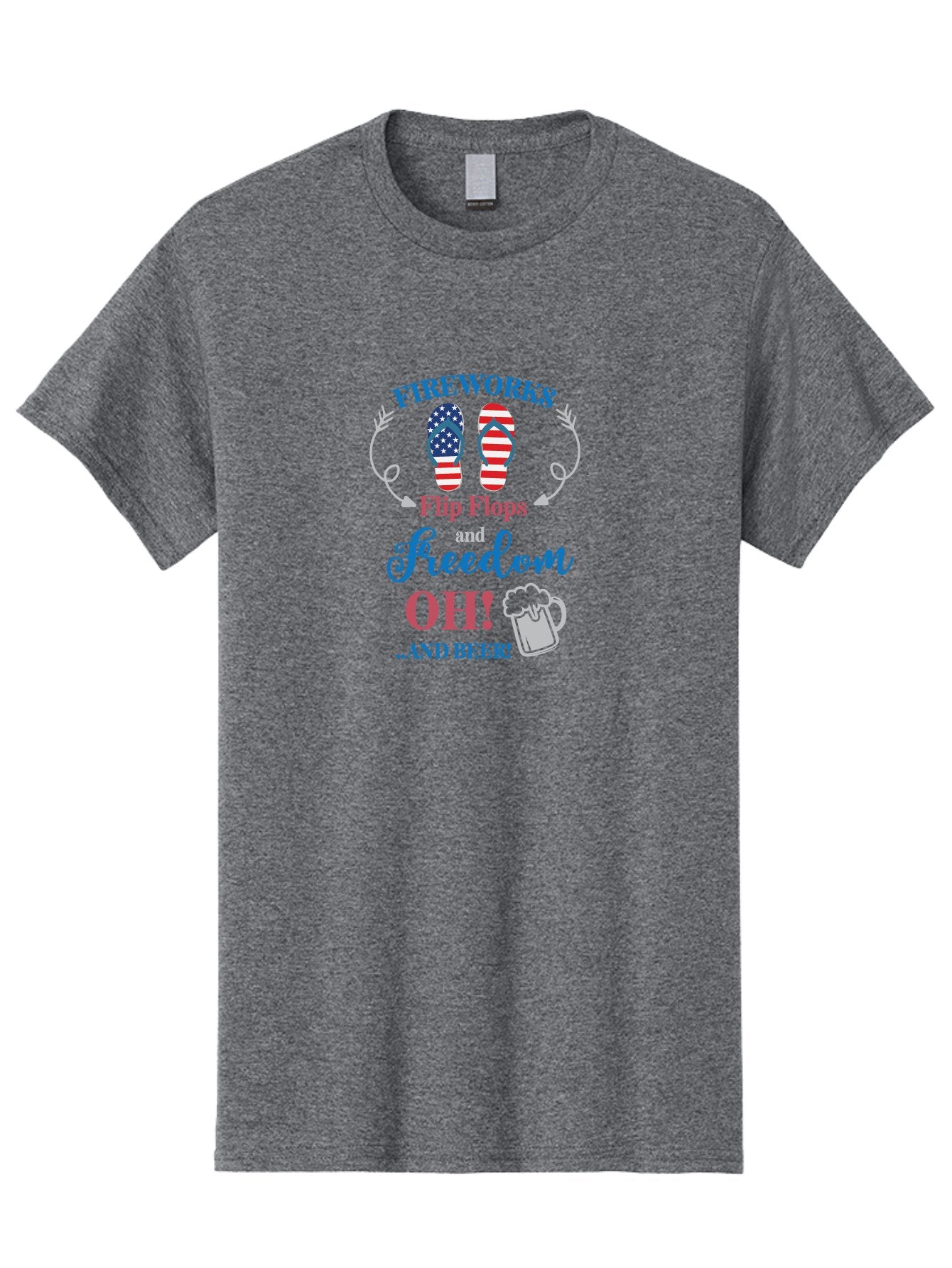 Fireworks-Flip-Flops-And-Freedom-Oh-And-Beer Men'S Graphic Tee, 100% Cotton, Comfortable Casual Summer Wear, Machine Washable, 4Th Of July Celebration, American Flag Flip Flops, Fireworks Display, Freedom Theme, Beer Mug, Aac717 7