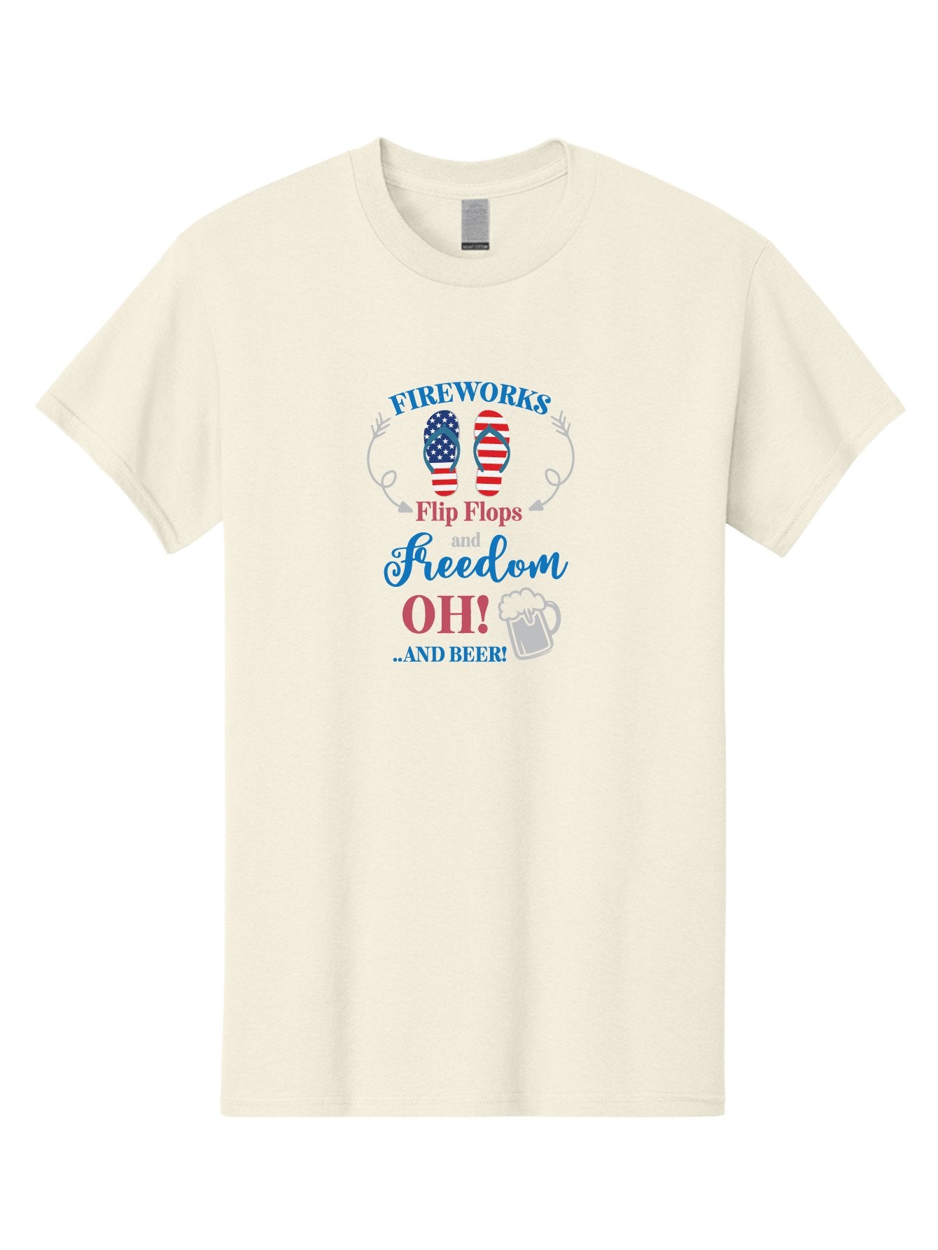 Fireworks-Flip-Flops-And-Freedom-Oh-And-Beer Men'S Graphic Tee, 100% Cotton, Comfortable Casual Summer Wear, Machine Washable, 4Th Of July Celebration, American Flag Flip Flops, Fireworks Display, Freedom Theme, Beer Mug, Aac717 8