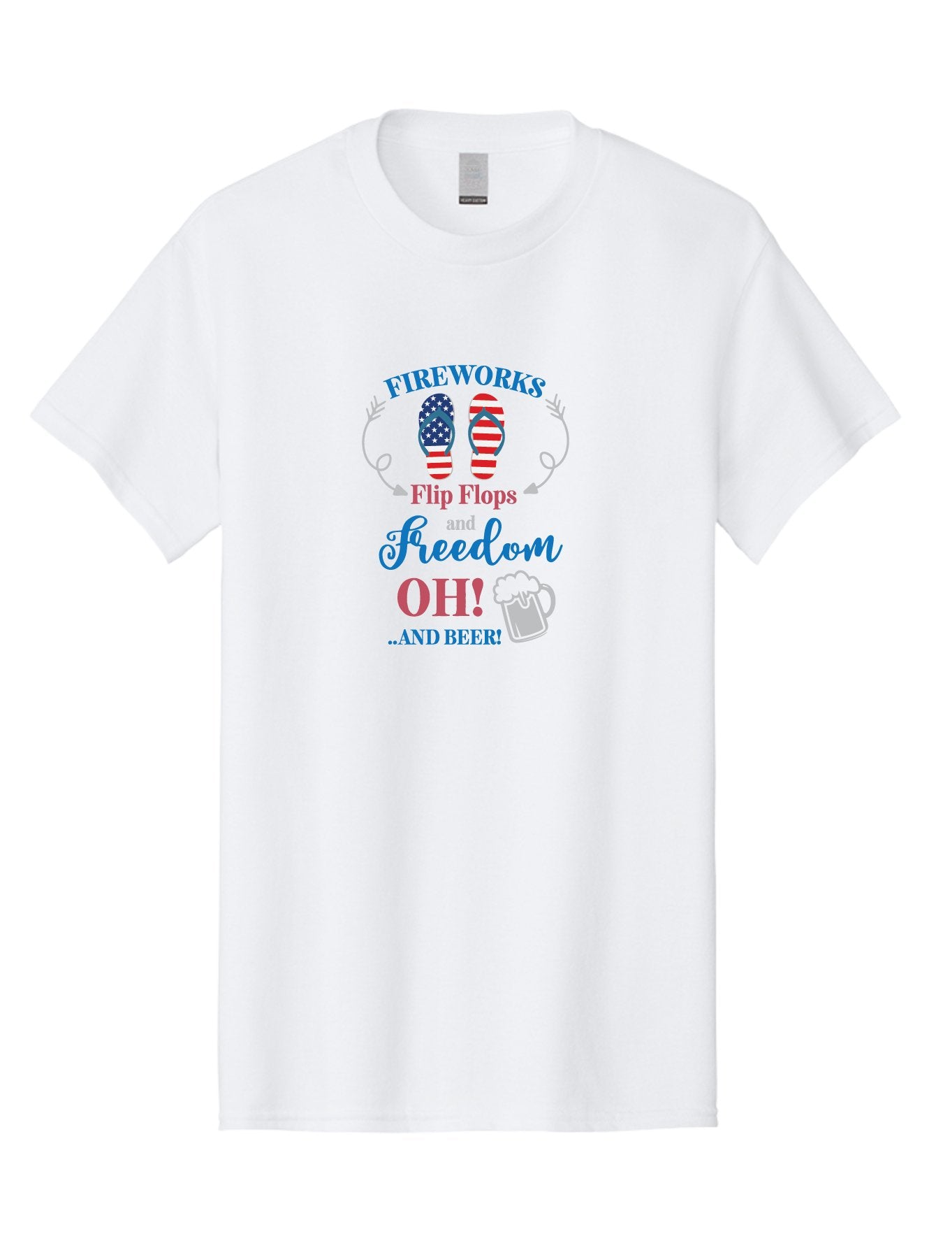 Fireworks-Flip-Flops-And-Freedom-Oh-And-Beer Men'S Graphic Tee, 100% Cotton, Comfortable Casual Summer Wear, Machine Washable, 4Th Of July Celebration, American Flag Flip Flops, Fireworks Display, Freedom Theme, Beer Mug, Aac717 4