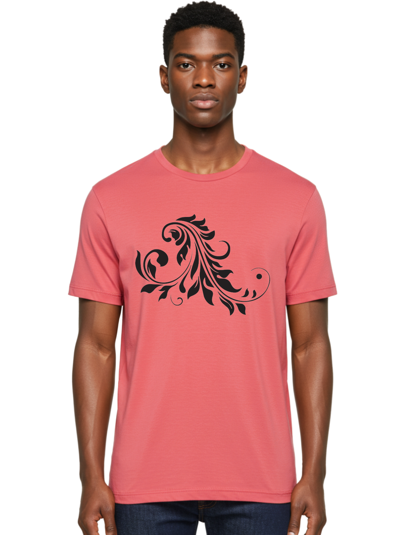 Floral-Design-1 Men'S Graphic Tee, 100% Cotton, Comfortable Casual Summer Wear, Machine Washable, Floral Design, Leafy Pattern, Curved Shapes, Decorative Art, Swirling Leaves, Elegant Design, Intricate Pattern, Black Silhouette Aac721 18