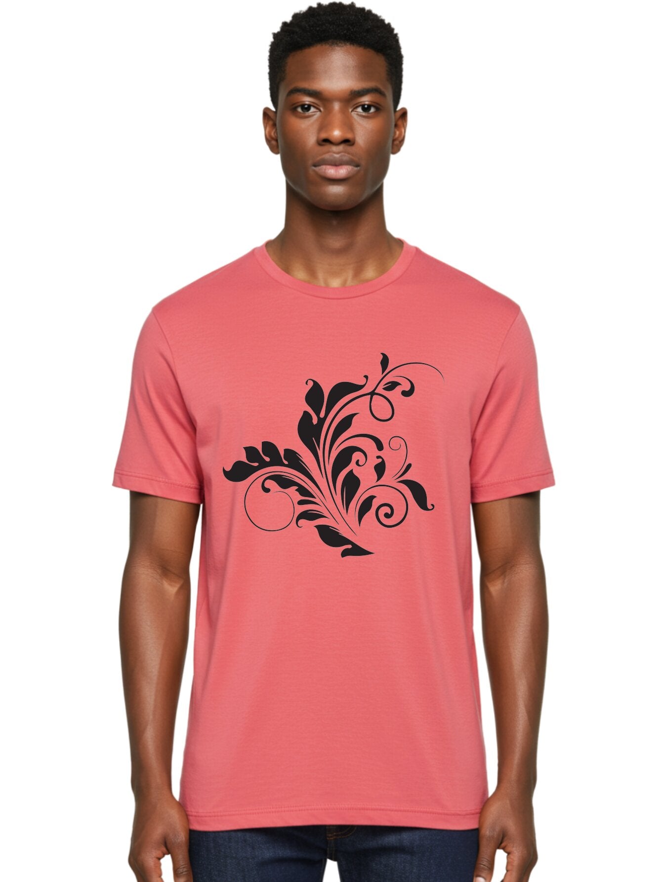 Floral-Design-2 Men'S Graphic Tee, 100% Cotton, Comfortable Casual Summer Wear, Machine Washable, Floral Ornament, Black Silhouettes, Elegant Design, Curved Lines, Abstract Art, Leafy Motif, Decorative Element, Luxury Feel, Intricate Details Aac722 24