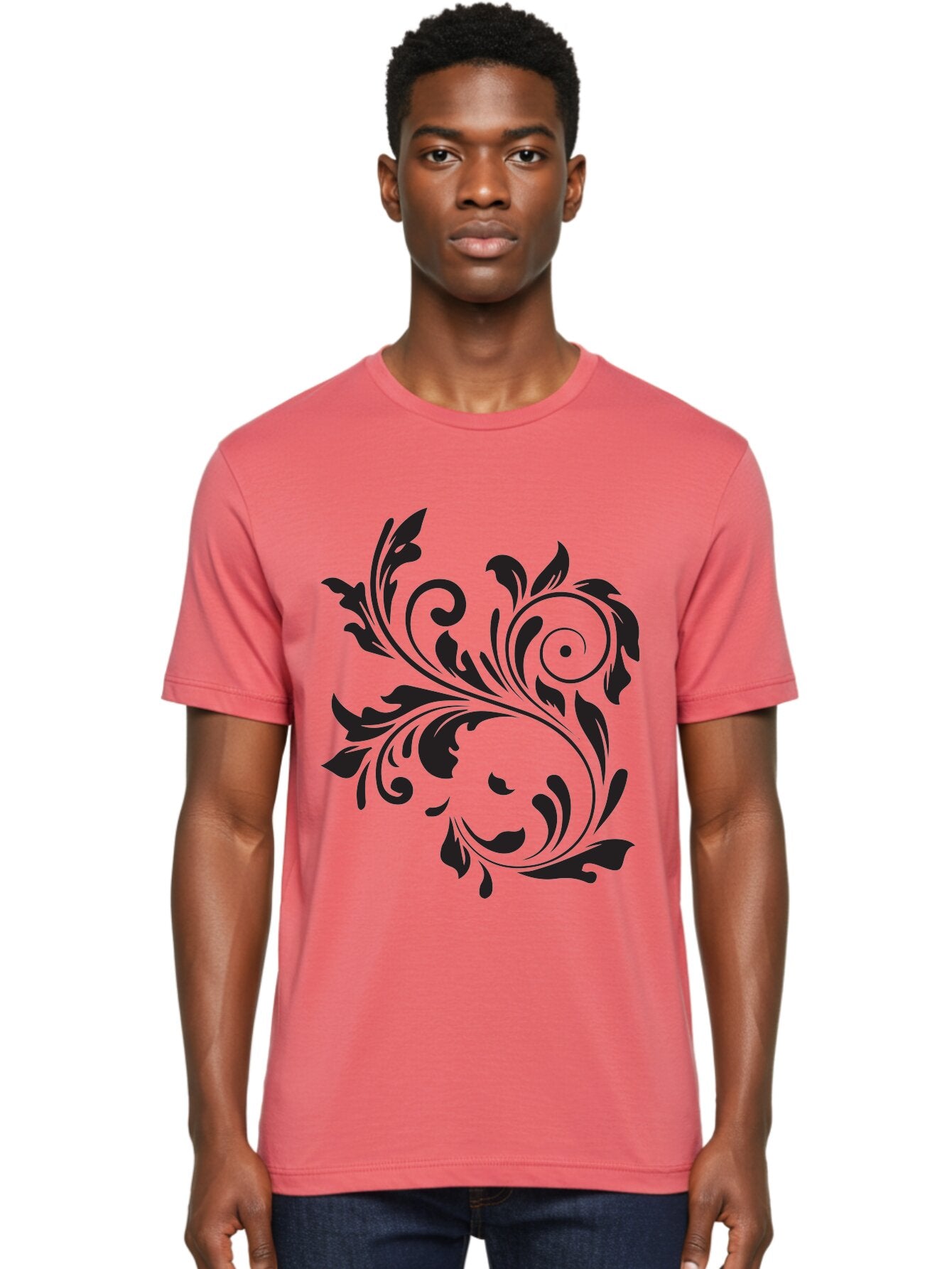 Floral-Design Men'S Graphic Tee, 100% Cotton, Comfortable Casual Summer Wear, Machine Washable, Floral Design, Black Floral, Swirling Leaves, Curved Petals, Artistic Decoration, Elegant Motif, Intricate Pattern, Luxury Decor Aac724 21