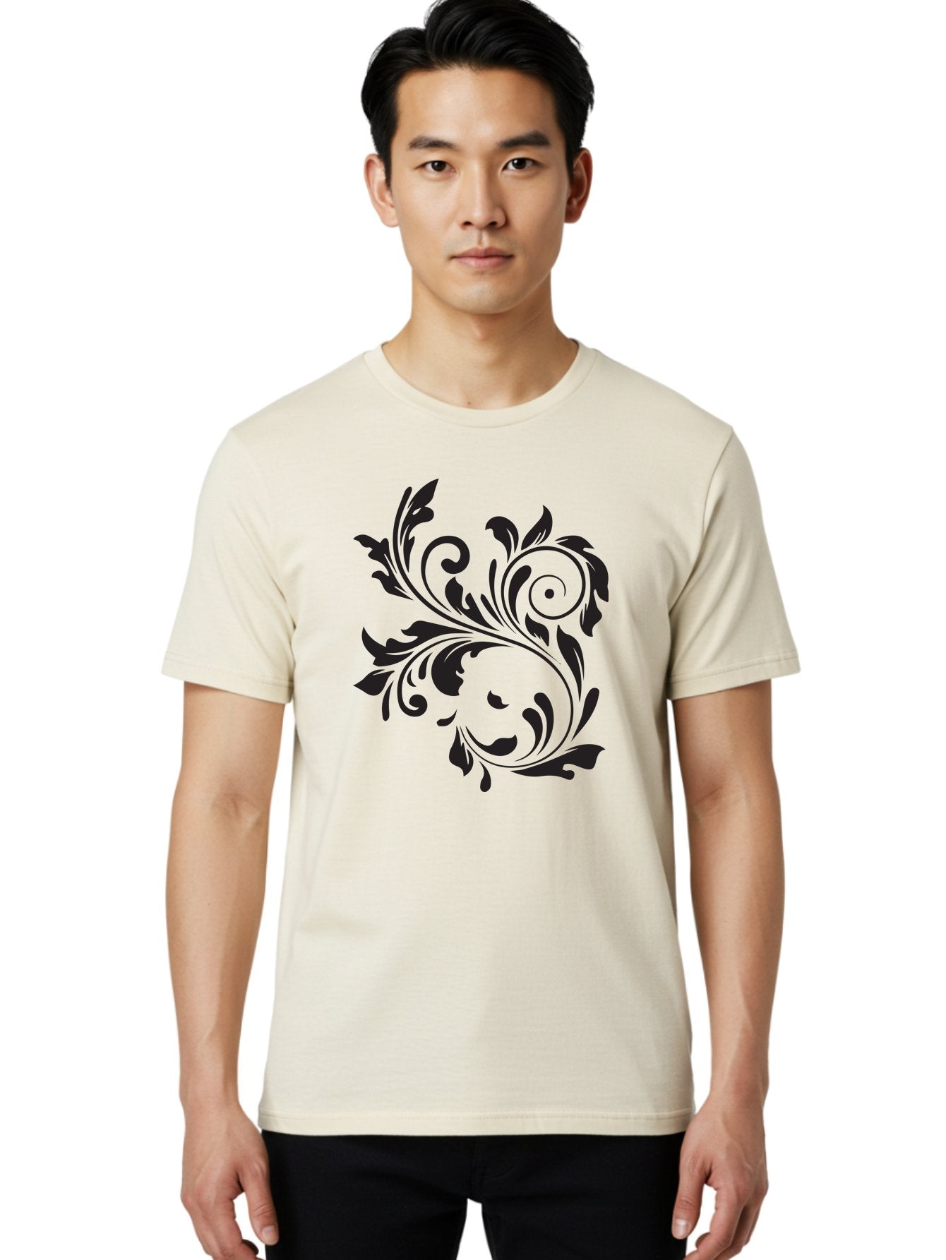 Floral-Design Men'S Graphic Tee, 100% Cotton, Comfortable Casual Summer Wear, Machine Washable, Floral Design, Black Floral, Swirling Leaves, Curved Petals, Artistic Decoration, Elegant Motif, Intricate Pattern, Luxury Decor Aac724 20